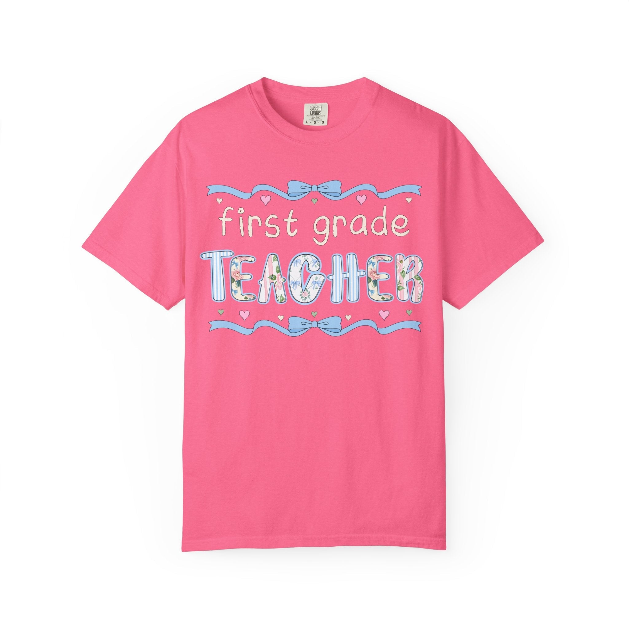 First Grade Teacher Tee Shirt for Back to School, Cute First Day of School Teacher T-Shirt with Bow, Boho 90s Aesthetic Teacher Team Tee - Opal and June