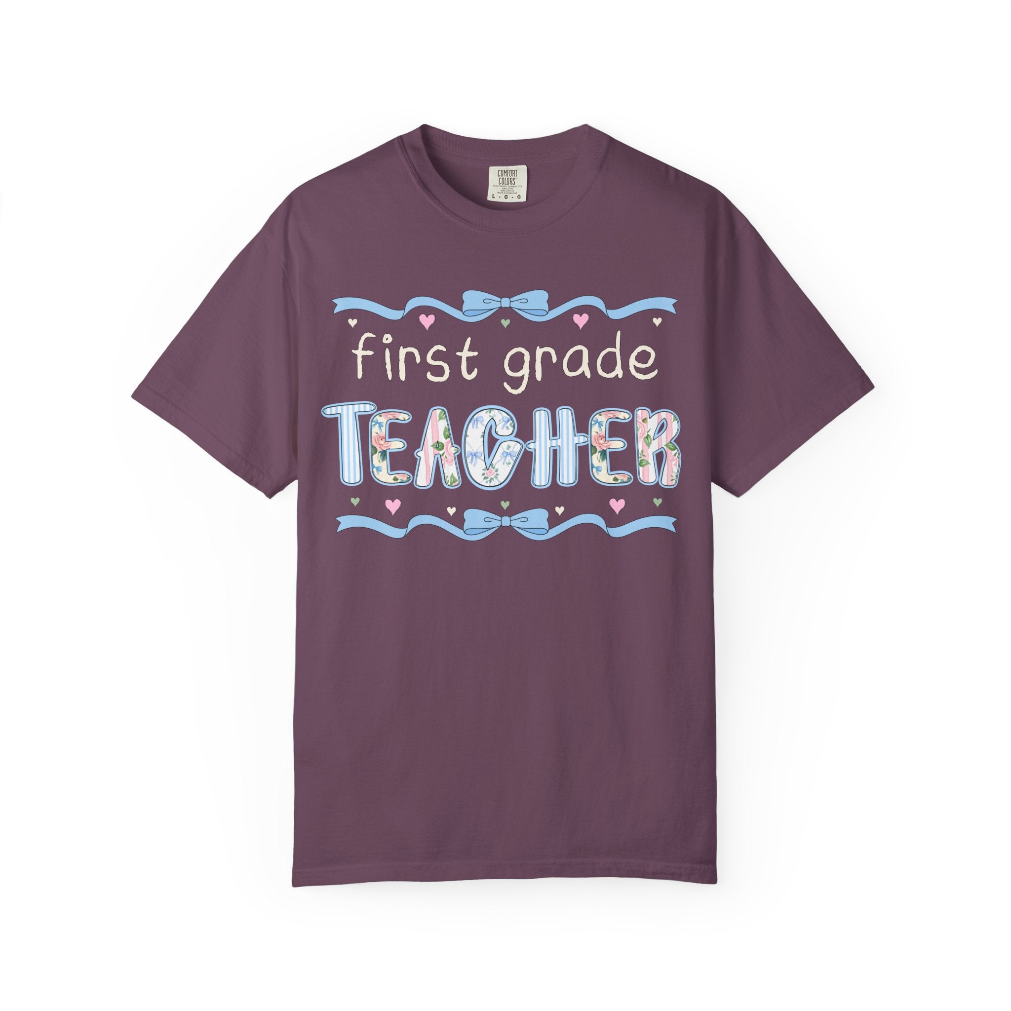 First Grade Teacher Tee Shirt for Back to School, Cute First Day of School Teacher T-Shirt with Bow, Boho 90s Aesthetic Teacher Team Tee - Opal and June