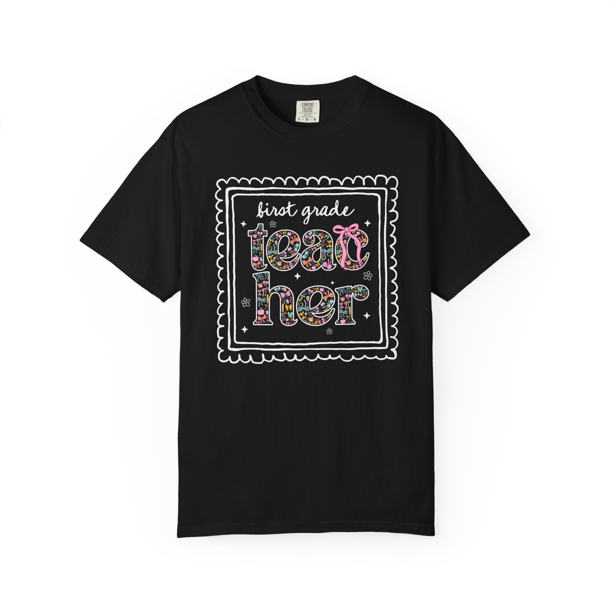 First Grade Teacher Tee Shirt for Back to School, Cute Floral Matching First Grade Crew T-Shirt with Bow, Cute Nineties Aesthetic Doodles - Opal and June