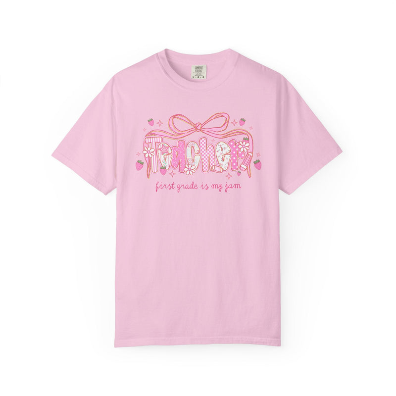 First Grade Teacher Tee Shirt for First Grade Squad or Crew, Floral Boho Strawberry T-Shirt with Messy Coquette Bow, Fruit Lover Teacher - Opal and June