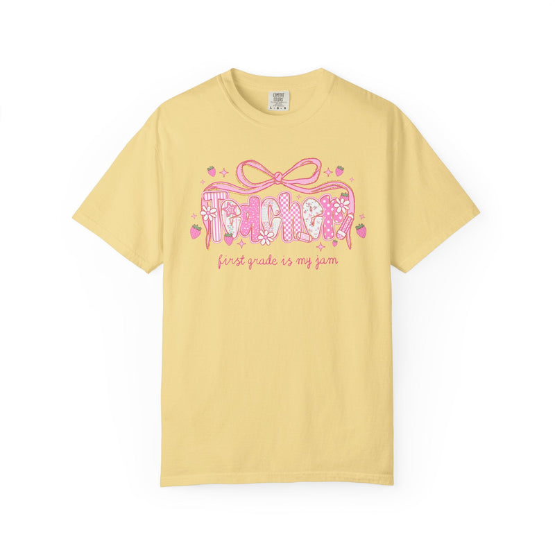 First Grade Teacher Tee Shirt for First Grade Squad or Crew, Floral Boho Strawberry T-Shirt with Messy Coquette Bow, Fruit Lover Teacher - Opal and June