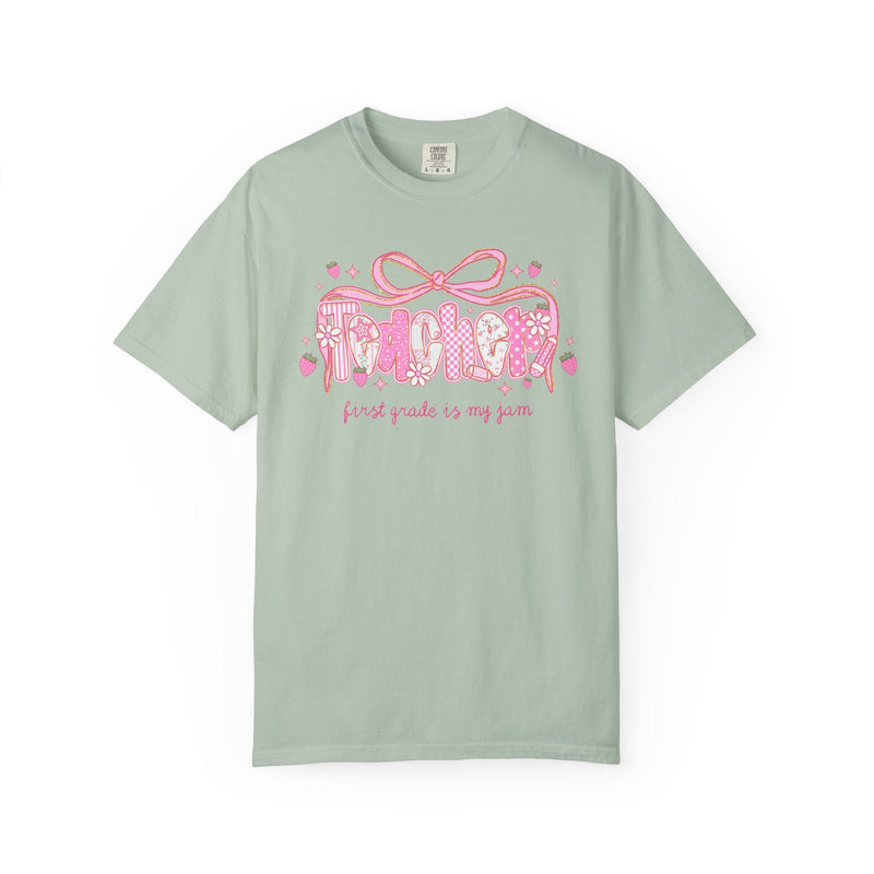 First Grade Teacher Tee Shirt for First Grade Squad or Crew, Floral Boho Strawberry T-Shirt with Messy Coquette Bow, Fruit Lover Teacher - Opal and June