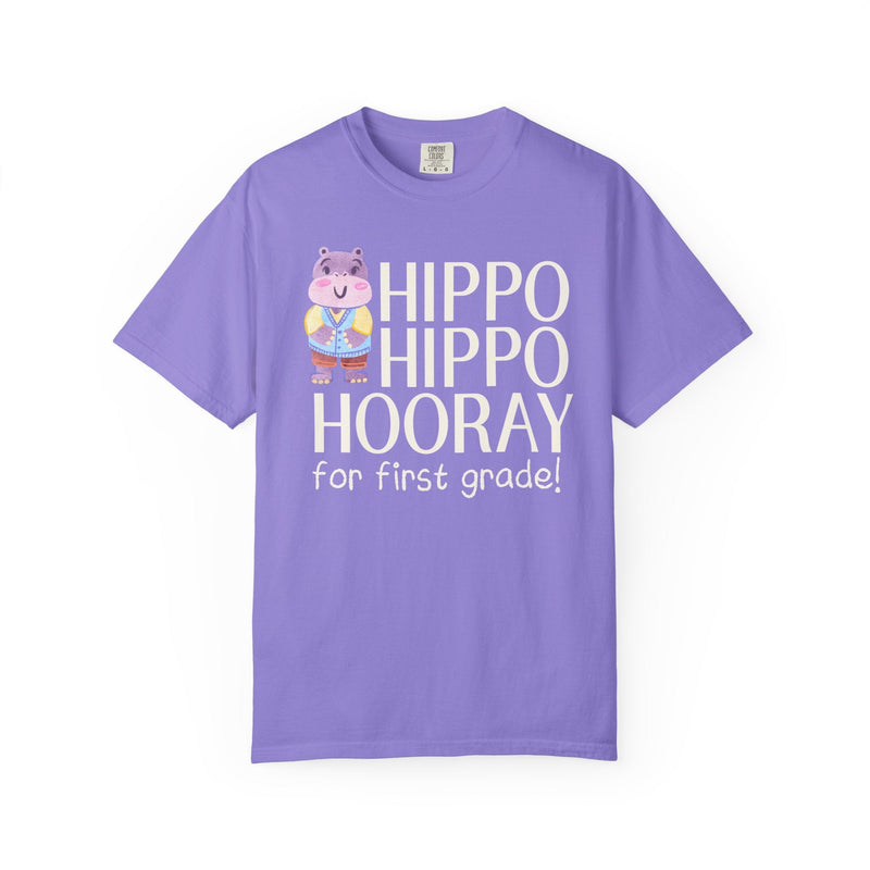 First Grade Teacher Tee Shirt with Adorable Retro Hippo, Funny Back to School Teacher Team T-Shirt for Animal Lover, New Teacher Gift - Opal and June