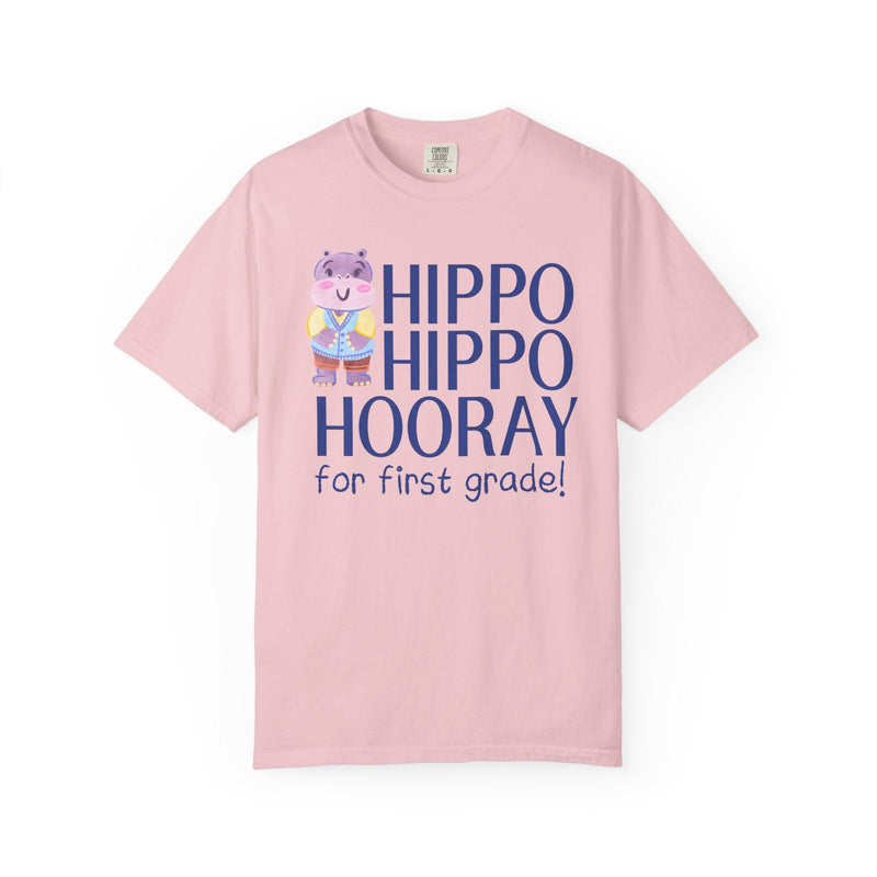 First Grade Teacher Tee Shirt with Adorable Retro Hippo, Funny Back to School Teacher Team T-Shirt for Animal Lover, New Teacher Gift - Opal and June