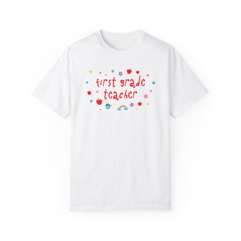 First Grade Teacher Tee Shirt with Apples and Cute Flowers, Retro Groovy Y2K Aesthetic First Grade Crew Matching T-Shirt, Back to School - Opal and June