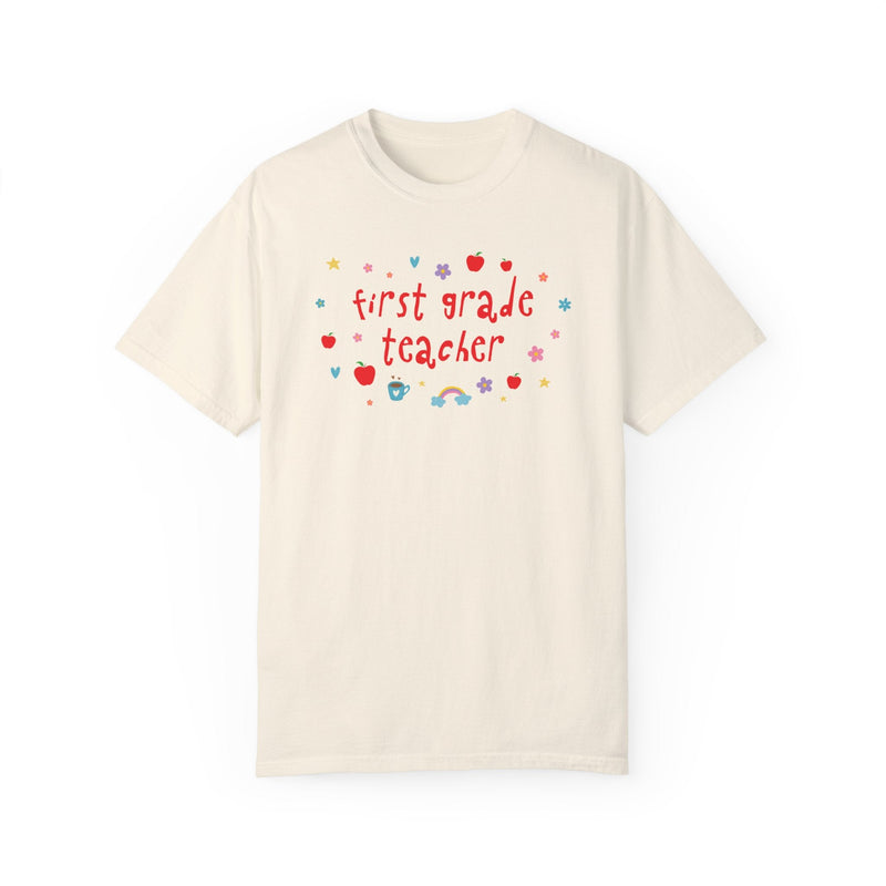 First Grade Teacher Tee Shirt with Apples and Cute Flowers, Retro Groovy Y2K Aesthetic First Grade Crew Matching T-Shirt, Back to School - Opal and June