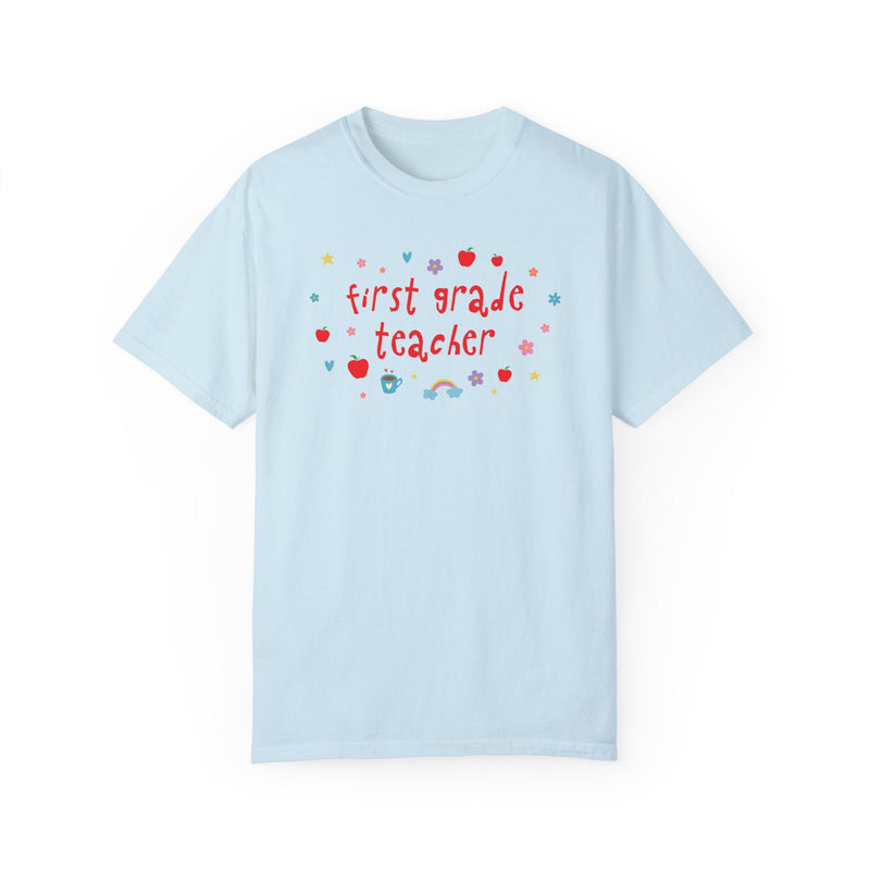 First Grade Teacher Tee Shirt with Apples and Cute Flowers, Retro Groovy Y2K Aesthetic First Grade Crew Matching T-Shirt, Back to School - Opal and June