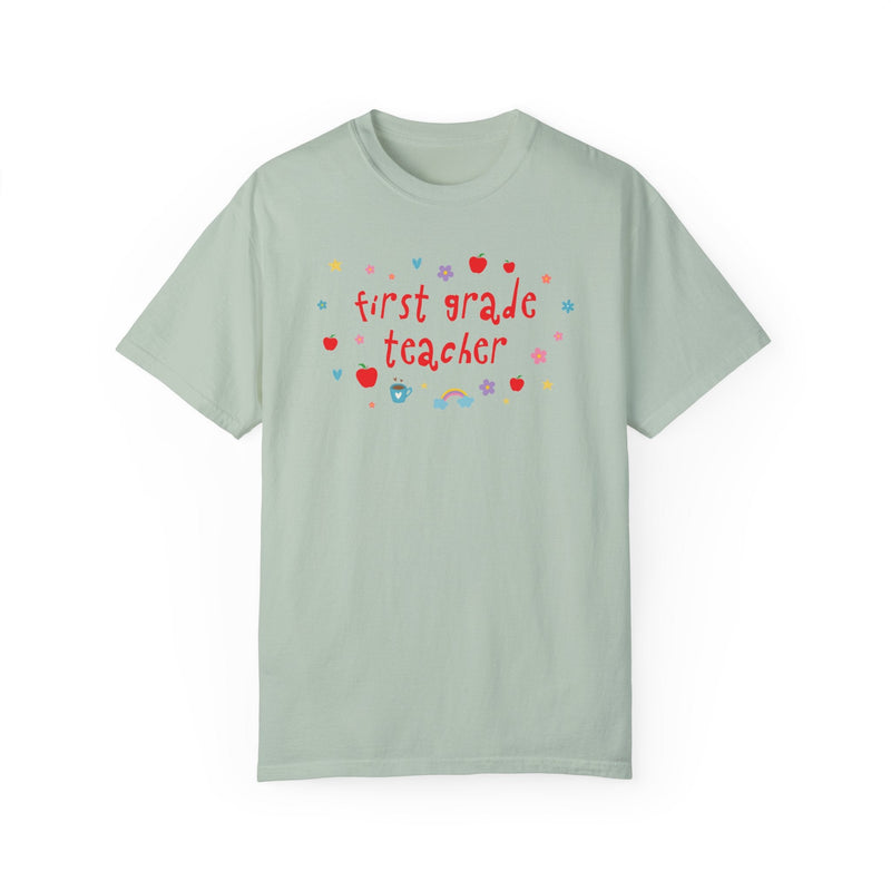 First Grade Teacher Tee Shirt with Apples and Cute Flowers, Retro Groovy Y2K Aesthetic First Grade Crew Matching T-Shirt, Back to School - Opal and June