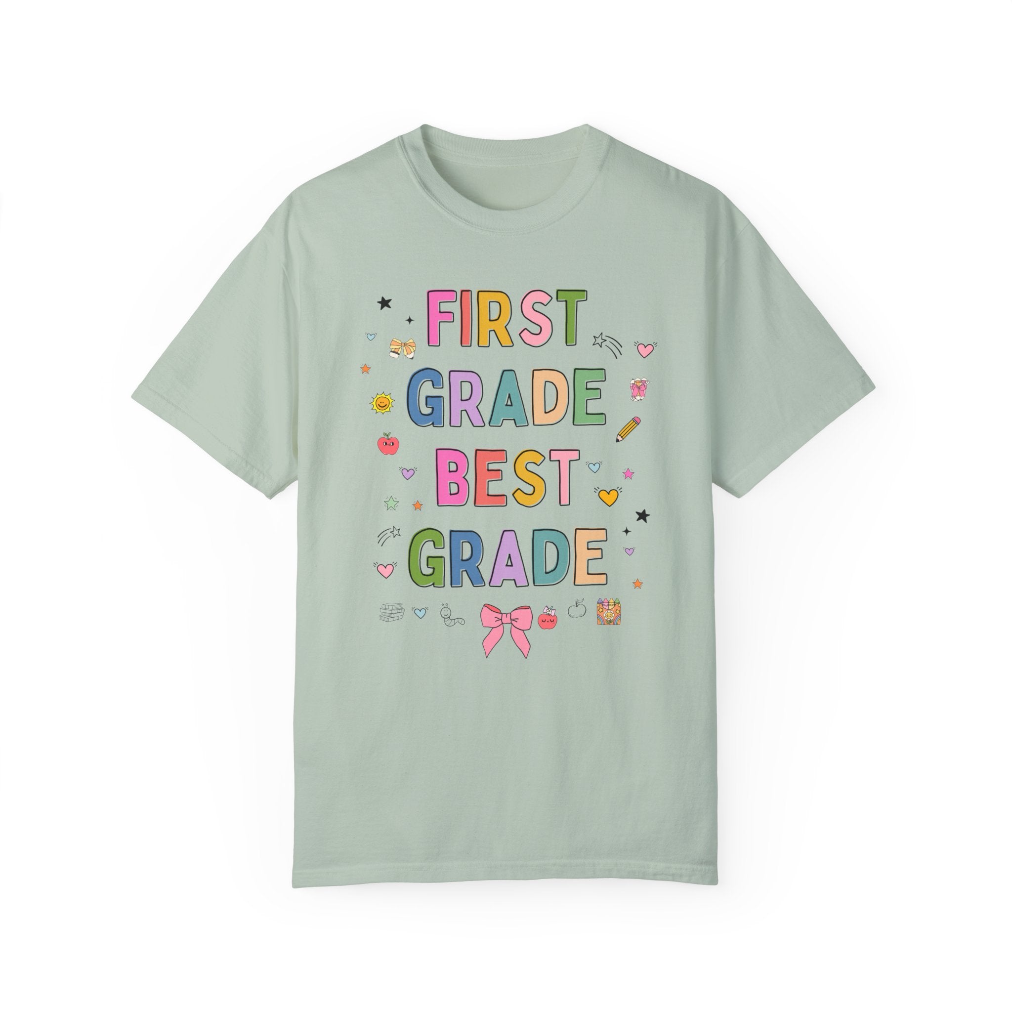 First Grade Teacher Tee Shirt with Cute 90s Aesthetic Doodles, Colorful Matching Teacher T-Shirt for First Grade Crew, New Teacher Present - Opal and June