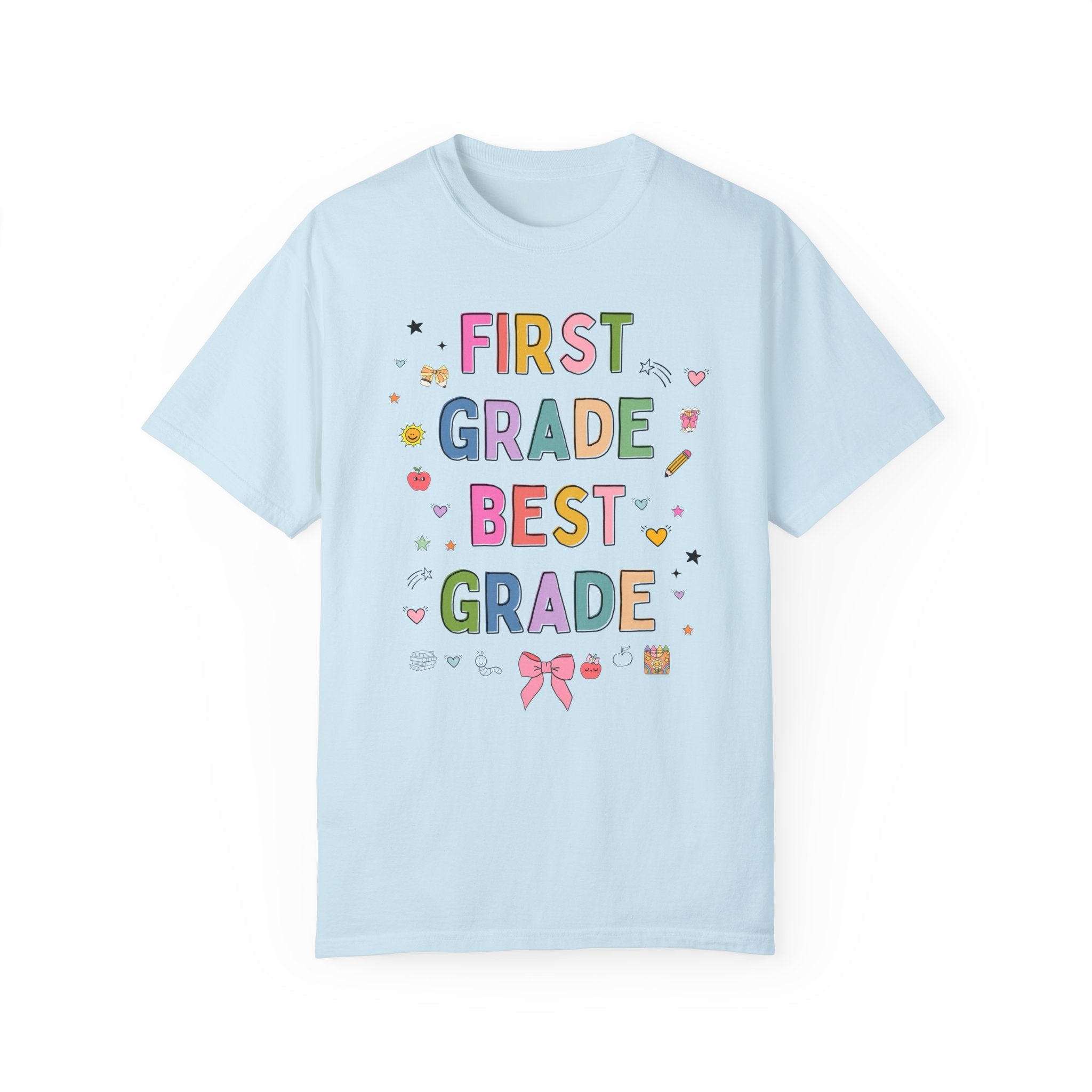 First Grade Teacher Tee Shirt with Cute 90s Aesthetic Doodles, Colorful Matching Teacher T-Shirt for First Grade Crew, New Teacher Present - Opal and June