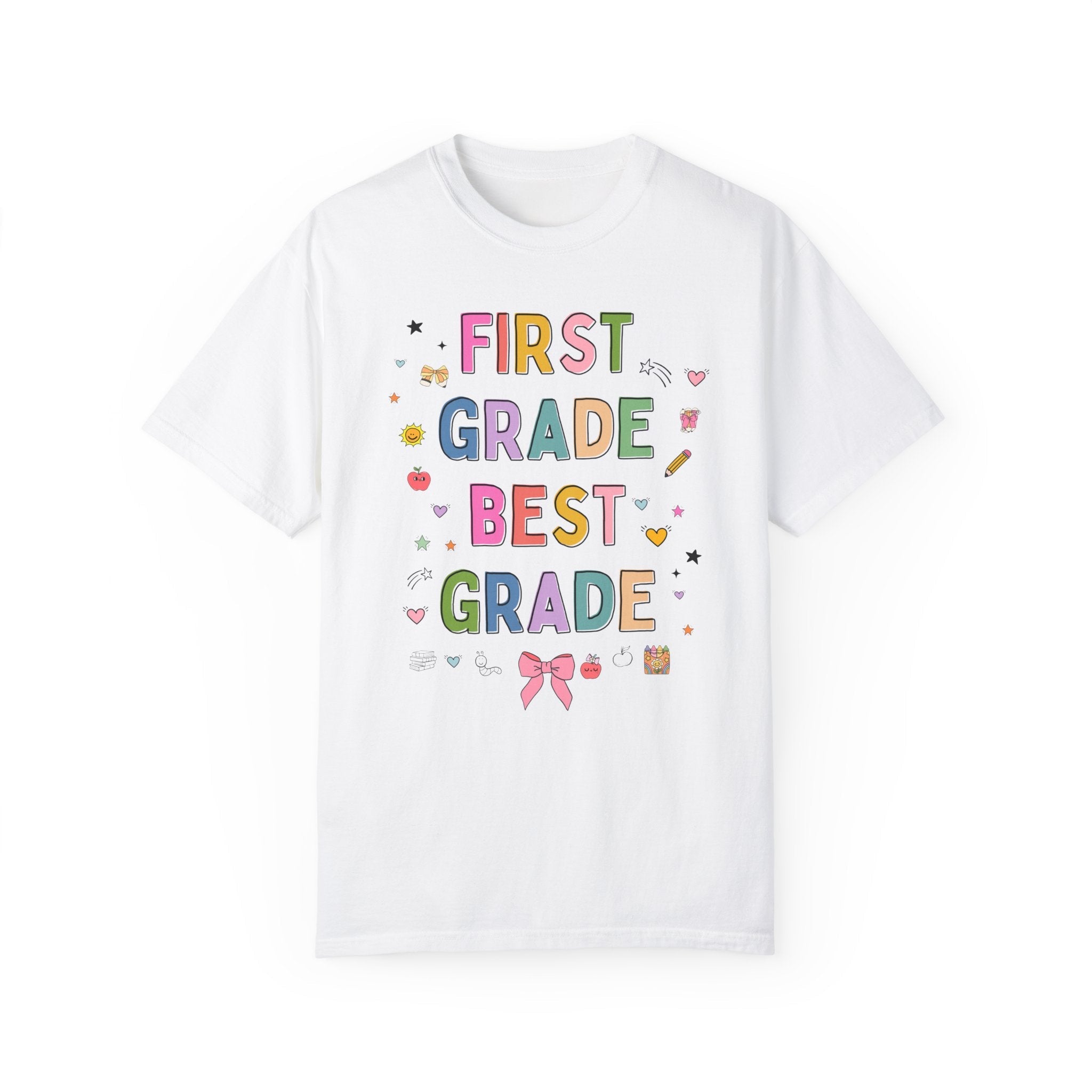 First Grade Teacher Tee Shirt with Cute 90s Aesthetic Doodles, Colorful Matching Teacher T-Shirt for First Grade Crew, New Teacher Present - Opal and June
