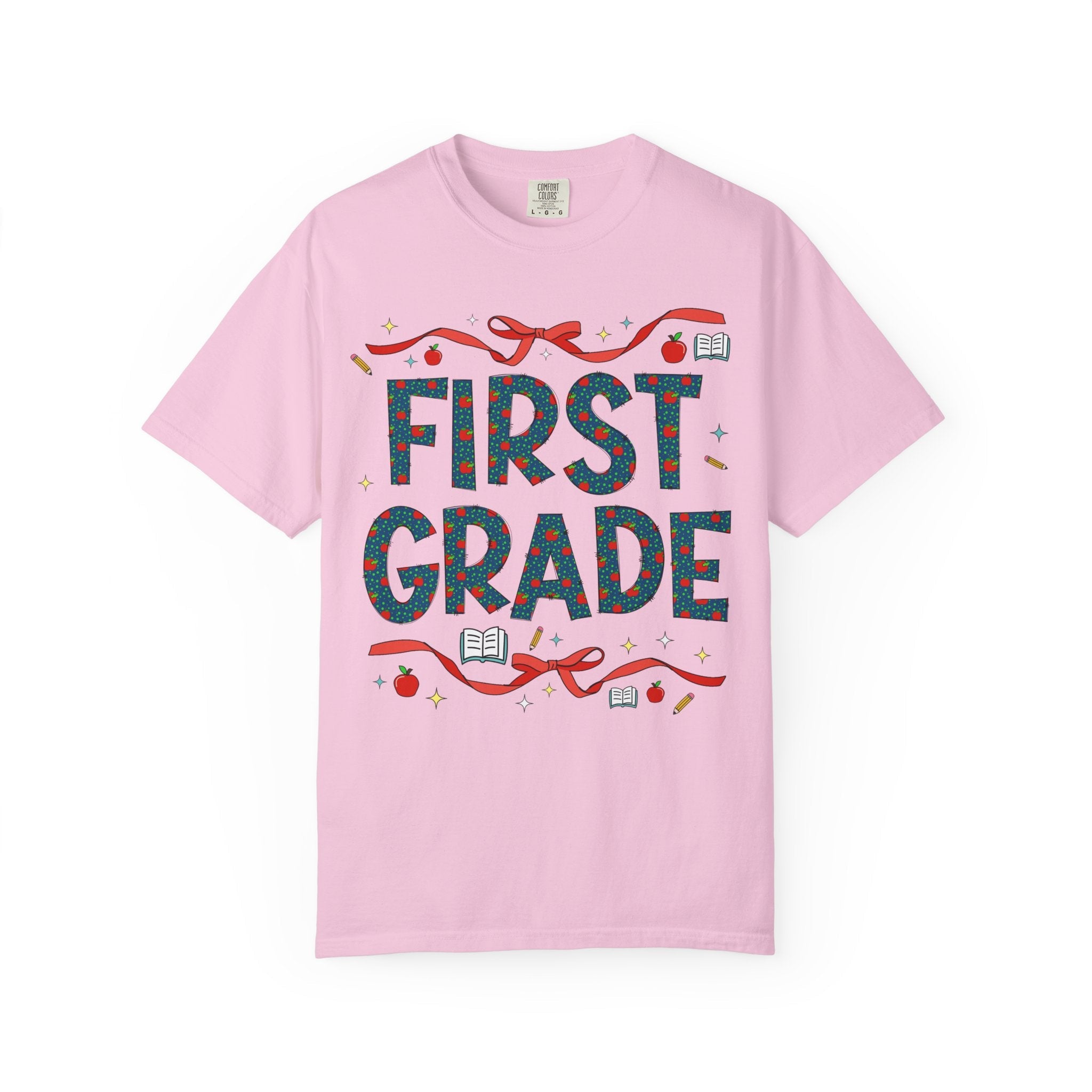 First Grade Teacher Tee Shirt with Cute Bows and Retro Apples, Teacher Team T-Shirt for Back to School, First Day of School Matching Tee - Opal and June
