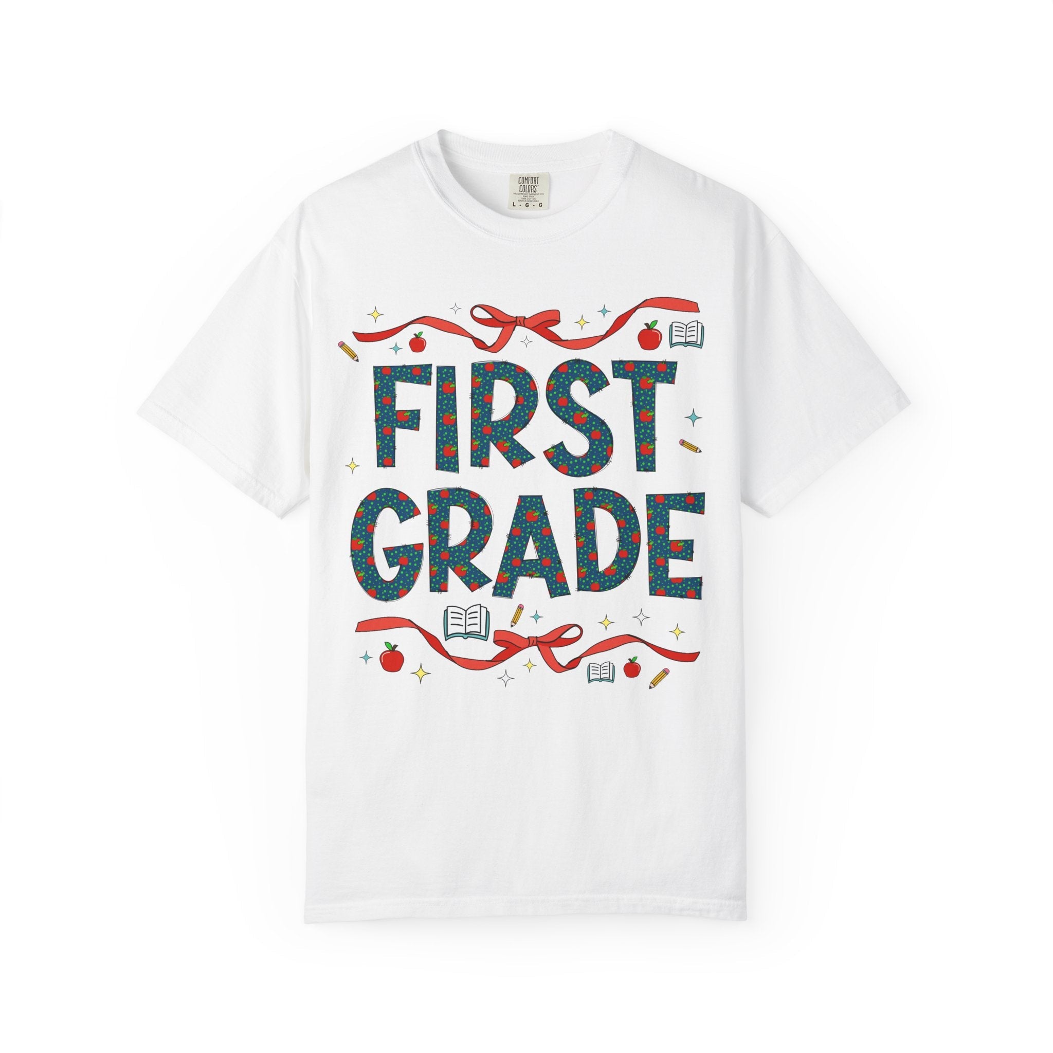 First Grade Teacher Tee Shirt with Cute Bows and Retro Apples, Teacher Team T-Shirt for Back to School, First Day of School Matching Tee - Opal and June