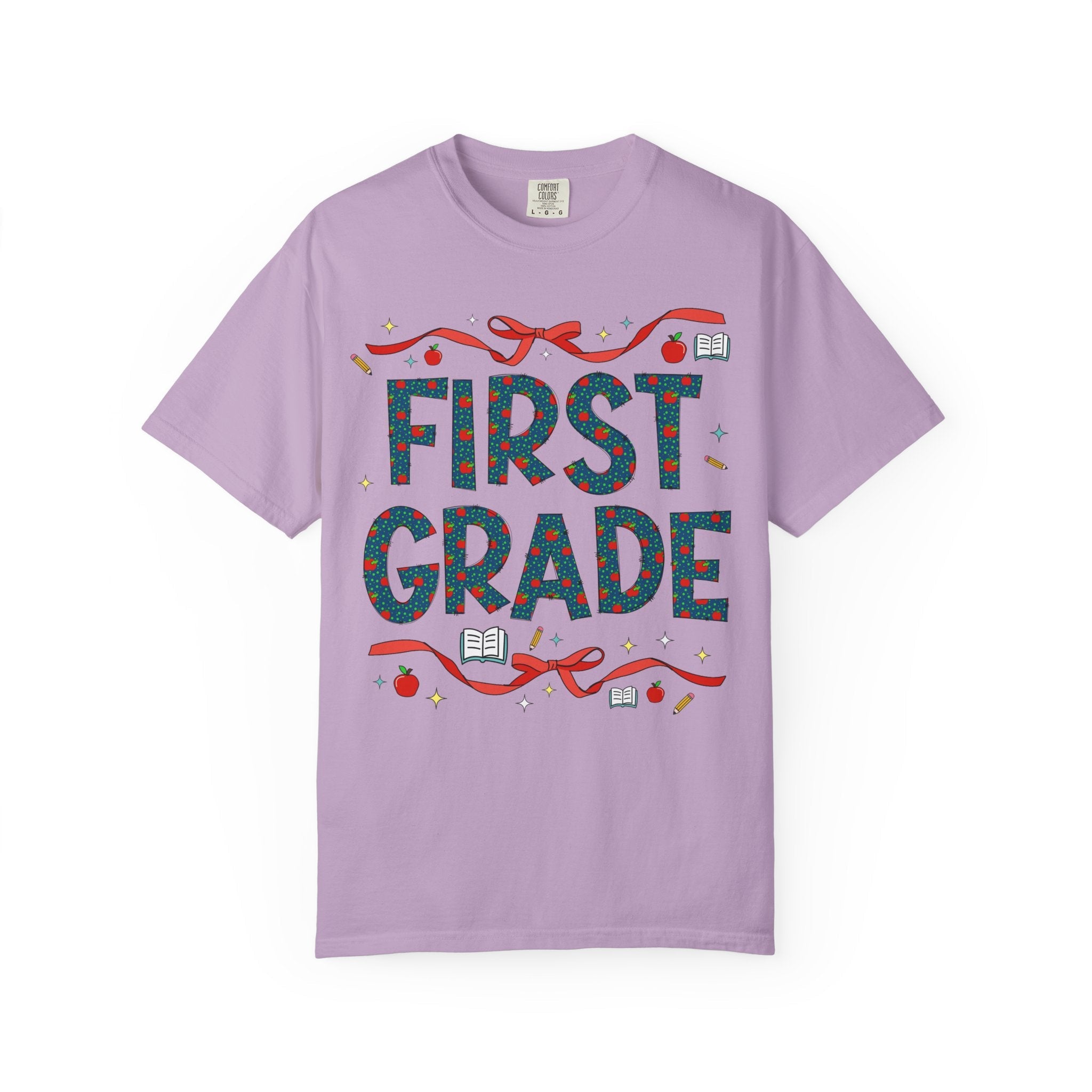 First Grade Teacher Tee Shirt with Cute Bows and Retro Apples, Teacher Team T-Shirt for Back to School, First Day of School Matching Tee - Opal and June