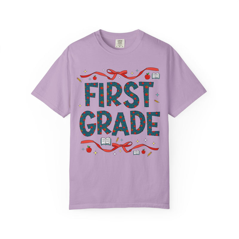 First Grade Teacher Tee Shirt with Cute Bows and Retro Apples, Teacher Team T-Shirt for Back to School, First Day of School Matching Tee - Opal and June