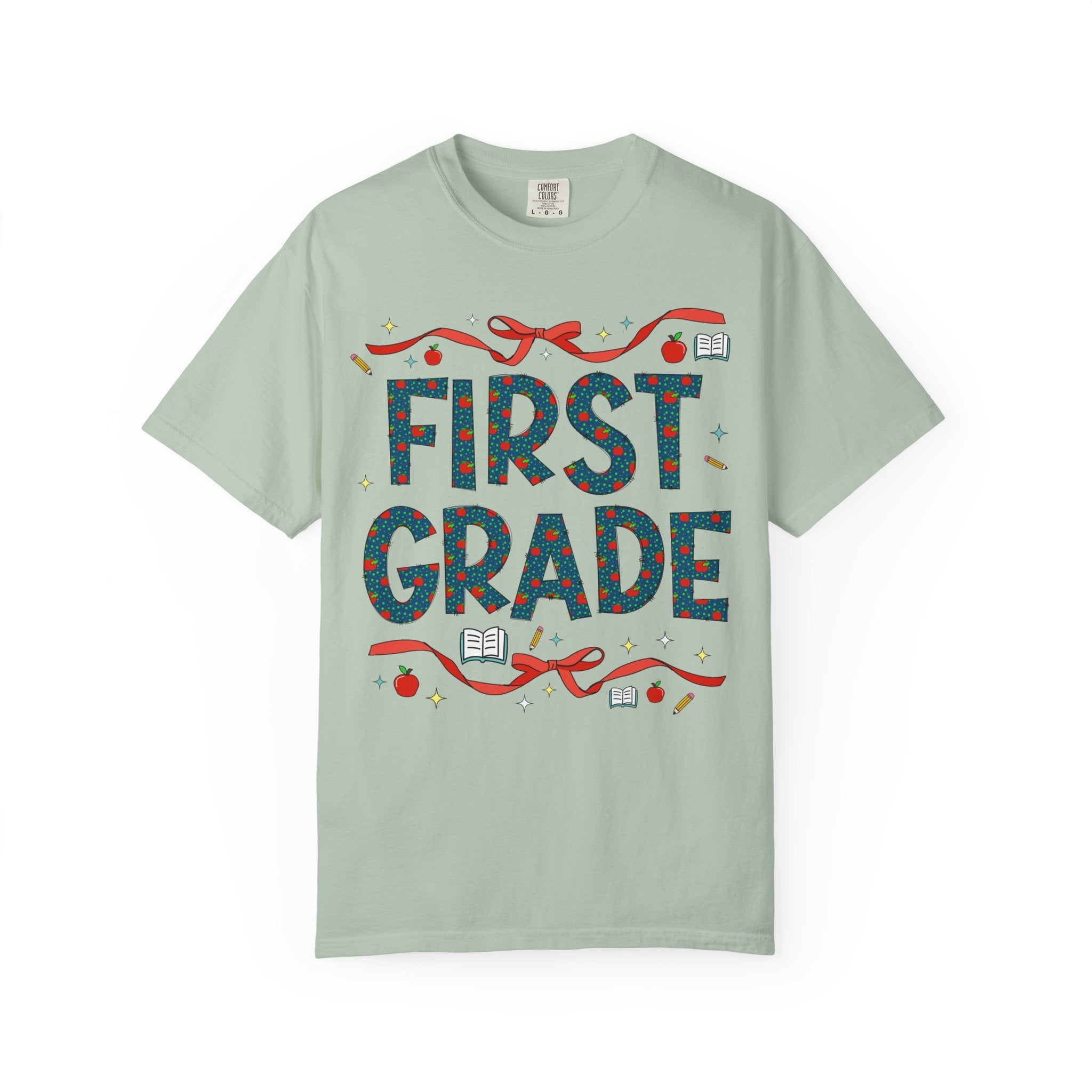 First Grade Teacher Tee Shirt with Cute Bows and Retro Apples, Teacher Team T-Shirt for Back to School, First Day of School Matching Tee - Opal and June