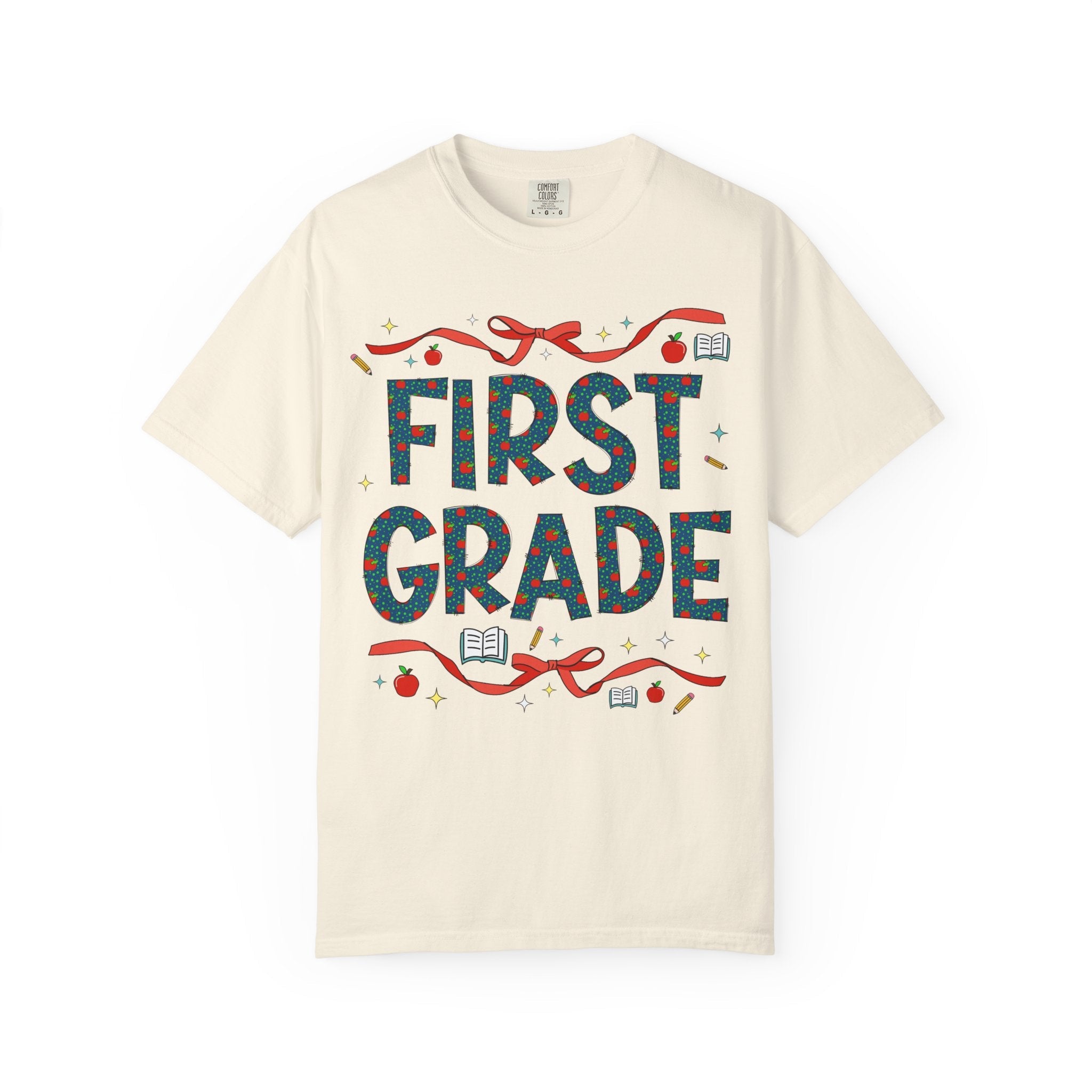 First Grade Teacher Tee Shirt with Cute Bows and Retro Apples, Teacher Team T-Shirt for Back to School, First Day of School Matching Tee - Opal and June