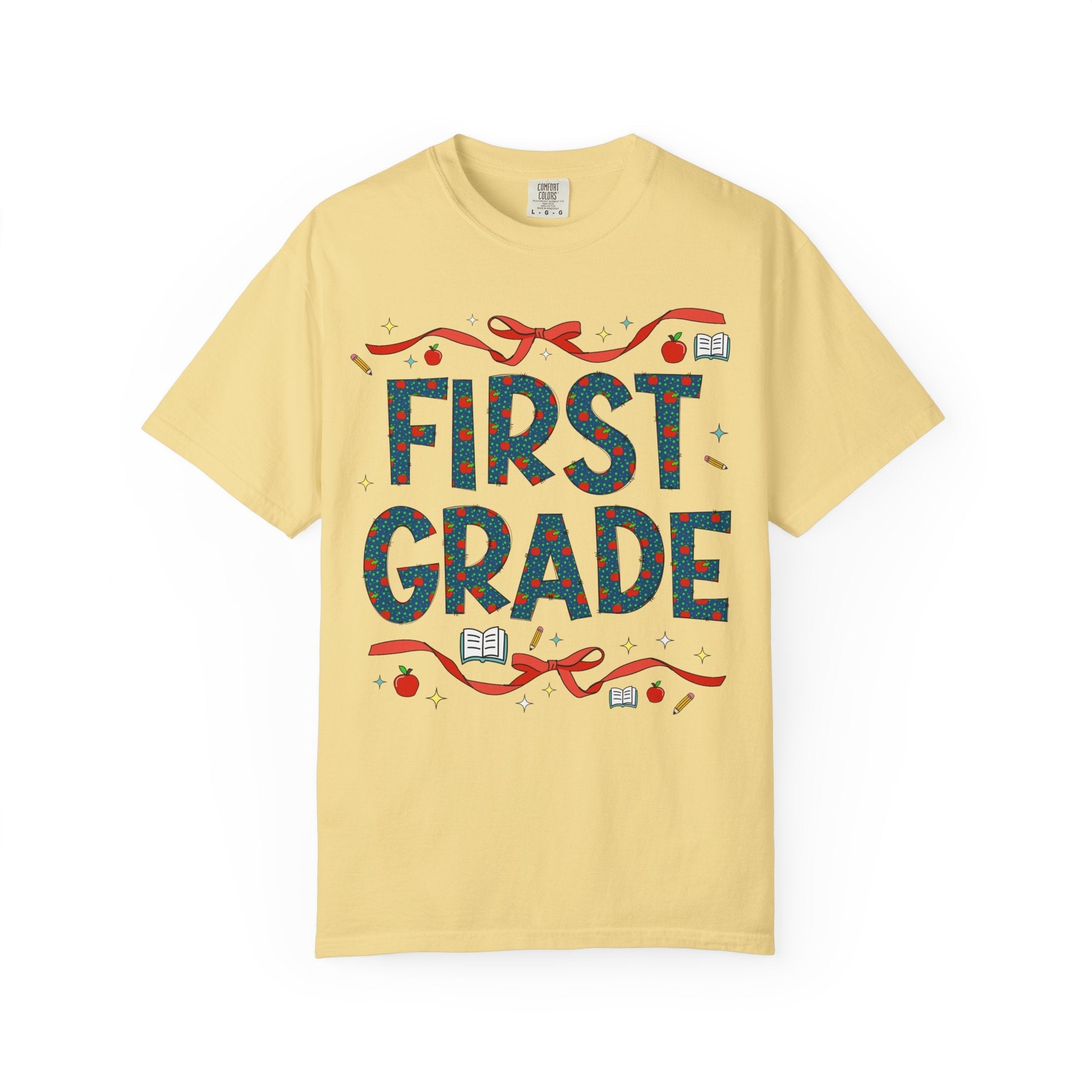 First Grade Teacher Tee Shirt with Cute Bows and Retro Apples, Teacher Team T-Shirt for Back to School, First Day of School Matching Tee - Opal and June