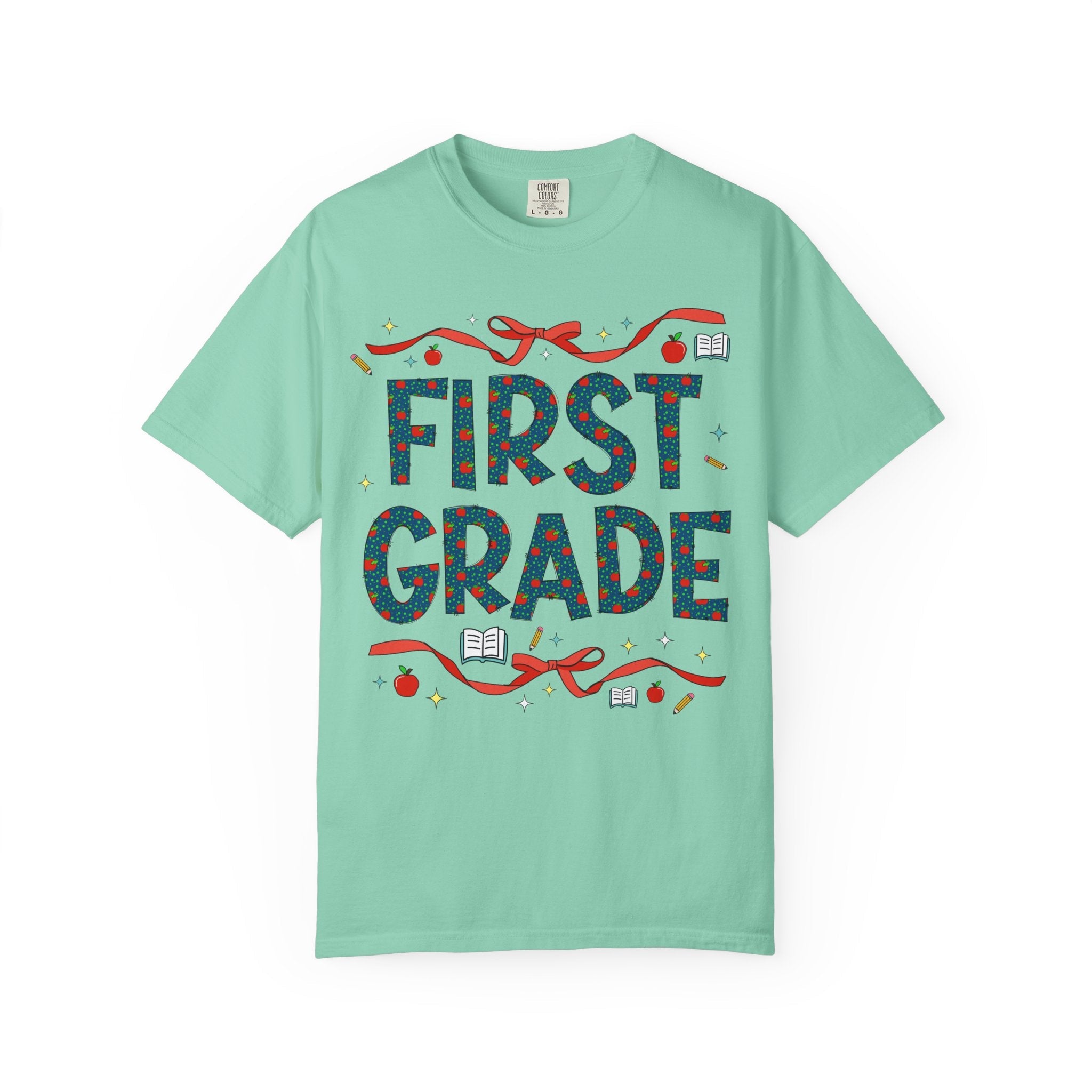 First Grade Teacher Tee Shirt with Cute Bows and Retro Apples, Teacher Team T-Shirt for Back to School, First Day of School Matching Tee - Opal and June