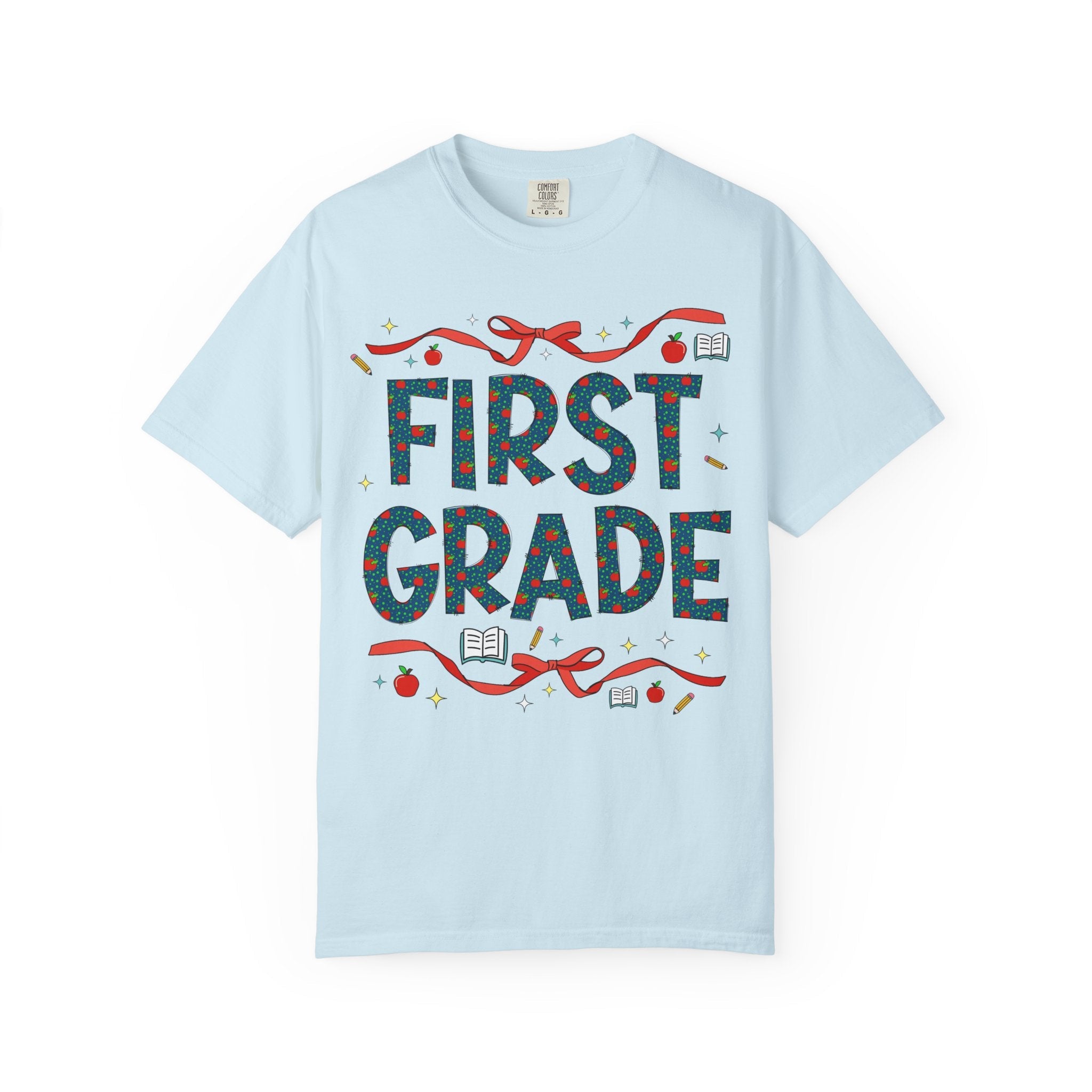 First Grade Teacher Tee Shirt with Cute Bows and Retro Apples, Teacher Team T-Shirt for Back to School, First Day of School Matching Tee - Opal and June