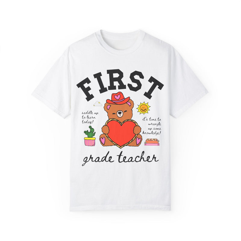 First Grade Teacher Tee Shirt with Cute Cottagecore Western Bear, Funny Saying Elementary School First Grade Matching Teacher Tee, 90s Vibe - Opal and June