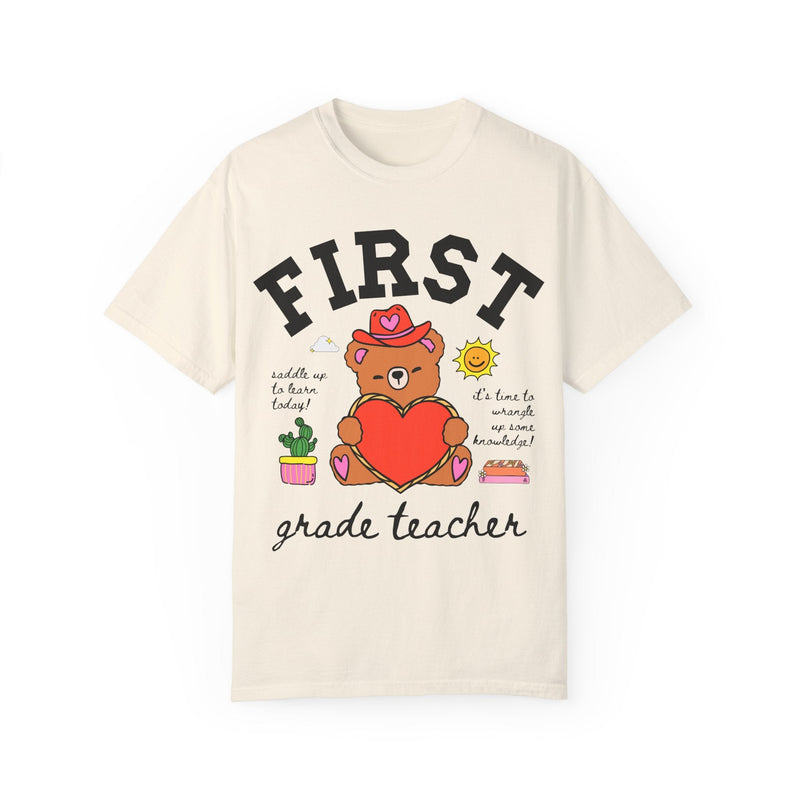 First Grade Teacher Tee Shirt with Cute Cottagecore Western Bear, Funny Saying Elementary School First Grade Matching Teacher Tee, 90s Vibe - Opal and June