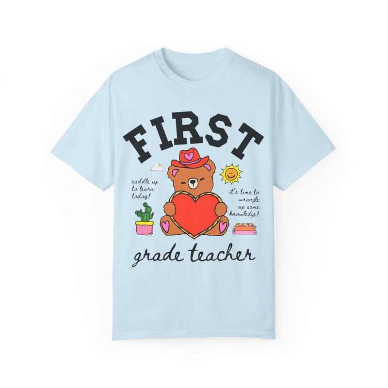 First Grade Teacher Tee Shirt with Cute Cottagecore Western Bear, Funny Saying Elementary School First Grade Matching Teacher Tee, 90s Vibe - Opal and June