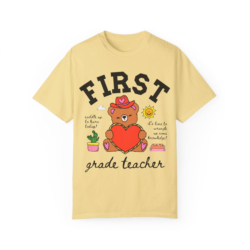 First Grade Teacher Tee Shirt with Cute Cottagecore Western Bear, Funny Saying Elementary School First Grade Matching Teacher Tee, 90s Vibe - Opal and June