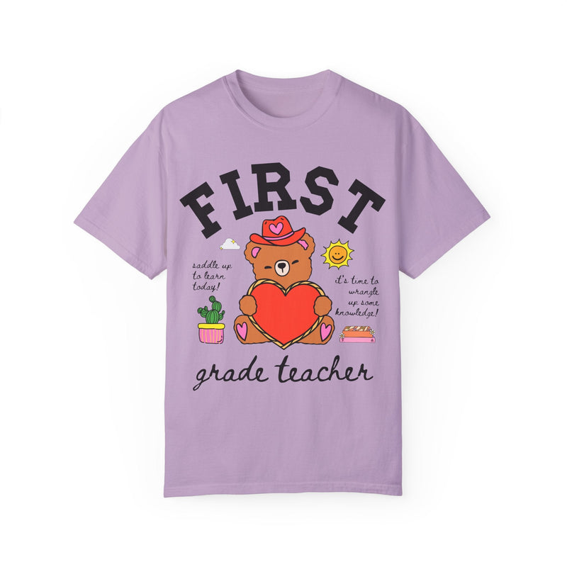 First Grade Teacher Tee Shirt with Cute Cottagecore Western Bear, Funny Saying Elementary School First Grade Matching Teacher Tee, 90s Vibe - Opal and June