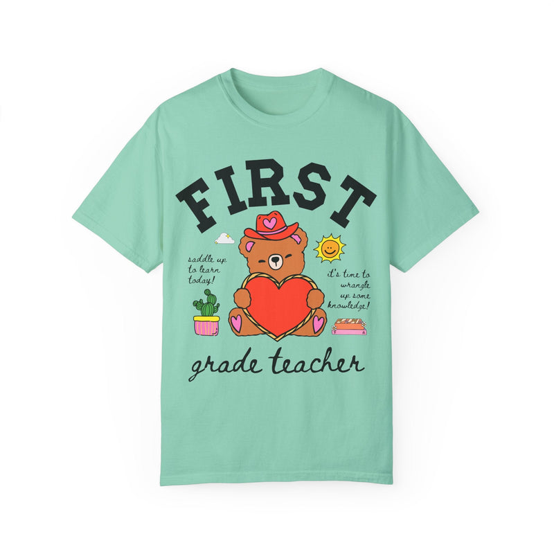 First Grade Teacher Tee Shirt with Cute Cottagecore Western Bear, Funny Saying Elementary School First Grade Matching Teacher Tee, 90s Vibe - Opal and June