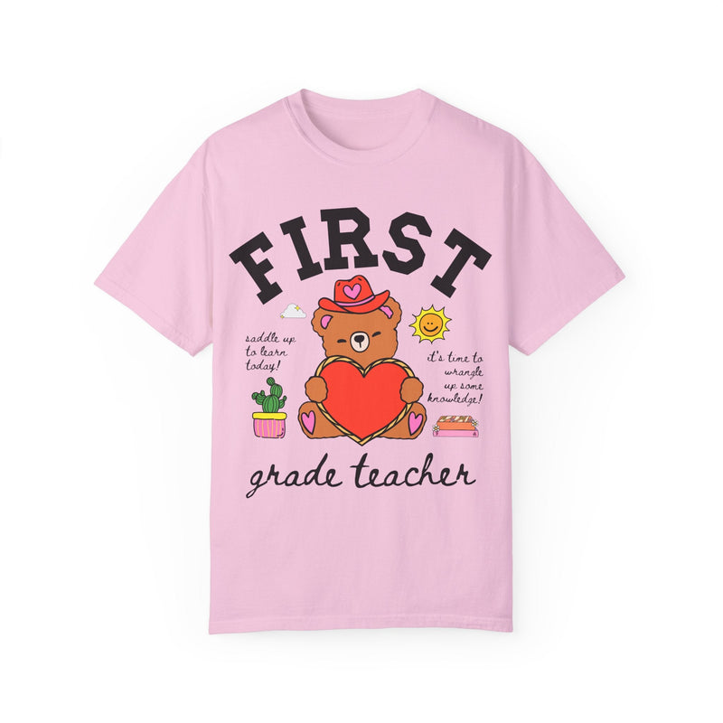 First Grade Teacher Tee Shirt with Cute Cottagecore Western Bear, Funny Saying Elementary School First Grade Matching Teacher Tee, 90s Vibe - Opal and June