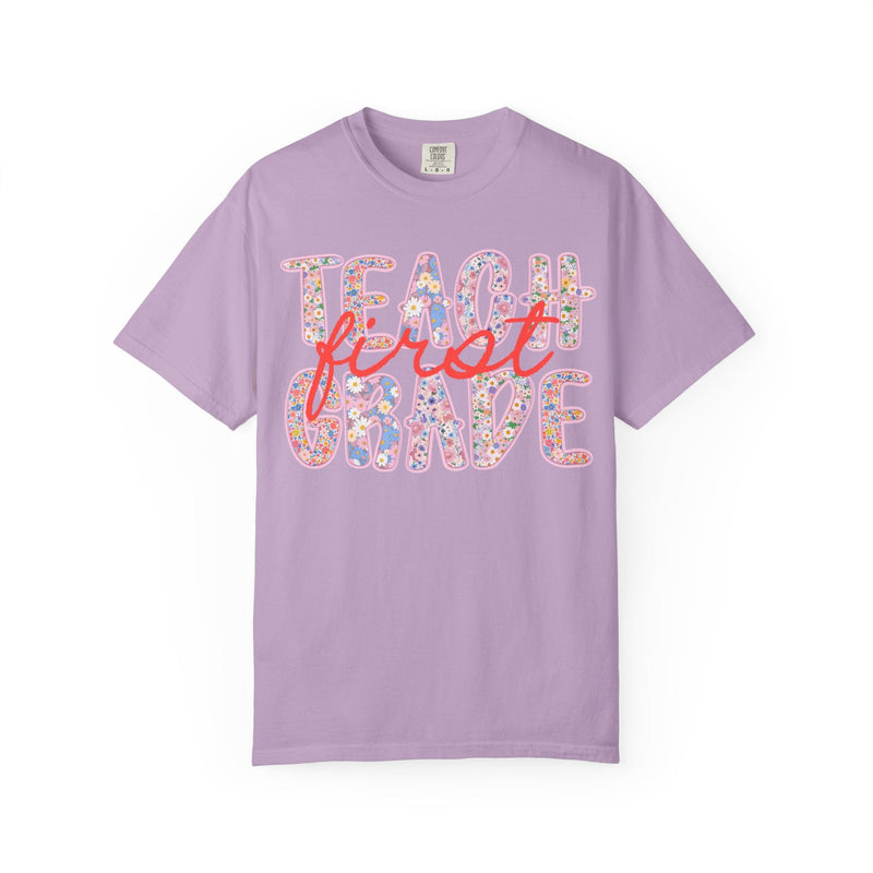 First Grade Teacher Tee Shirt with Flowers, Cute 90s Aesthetic Back to School Teacher Team Shirt, Cozy Cottagecore Tee, First Day of School - Opal and June