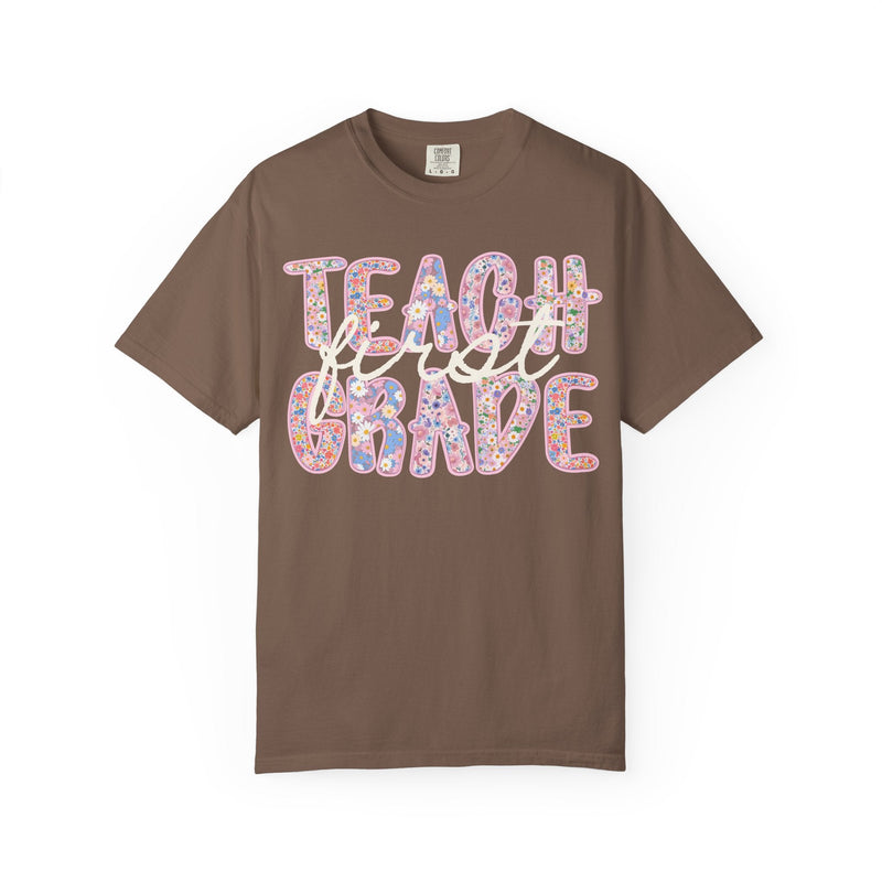 First Grade Teacher Tee Shirt with Flowers, Cute 90s Aesthetic Back to School Teacher Team Shirt, Cozy Cottagecore Tee, First Day of School - Opal and June