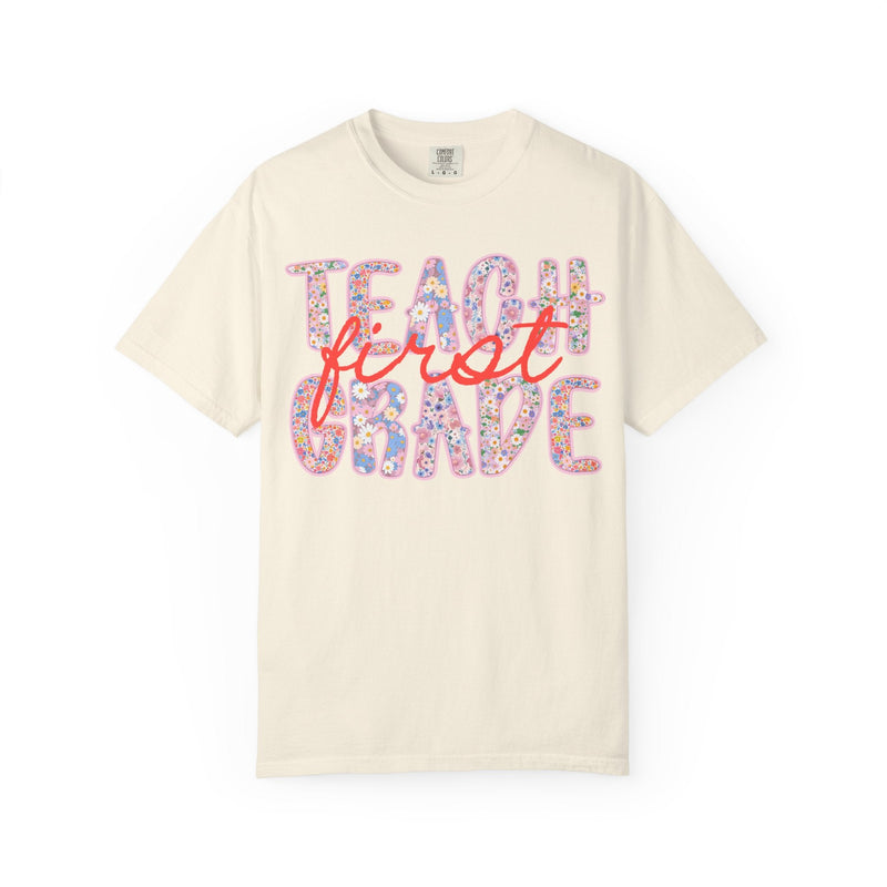 First Grade Teacher Tee Shirt with Flowers, Cute 90s Aesthetic Back to School Teacher Team Shirt, Cozy Cottagecore Tee, First Day of School - Opal and June