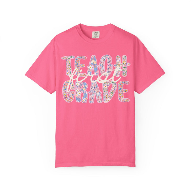 First Grade Teacher Tee Shirt with Flowers, Cute 90s Aesthetic Back to School Teacher Team Shirt, Cozy Cottagecore Tee, First Day of School - Opal and June