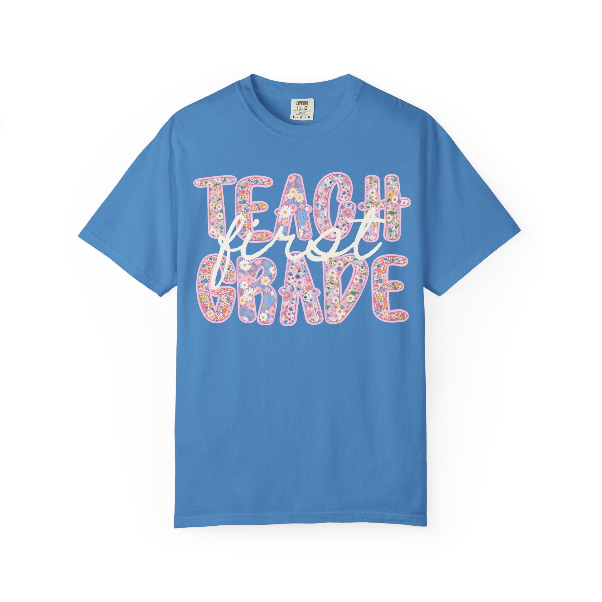 First Grade Teacher Tee Shirt with Flowers, Cute 90s Aesthetic Back to School Teacher Team Shirt, Cozy Cottagecore Tee, First Day of School - Opal and June