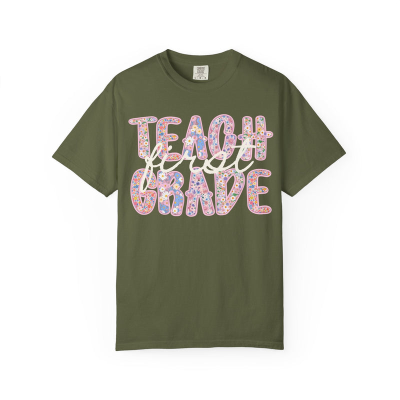 First Grade Teacher Tee Shirt with Flowers, Cute 90s Aesthetic Back to School Teacher Team Shirt, Cozy Cottagecore Tee, First Day of School - Opal and June