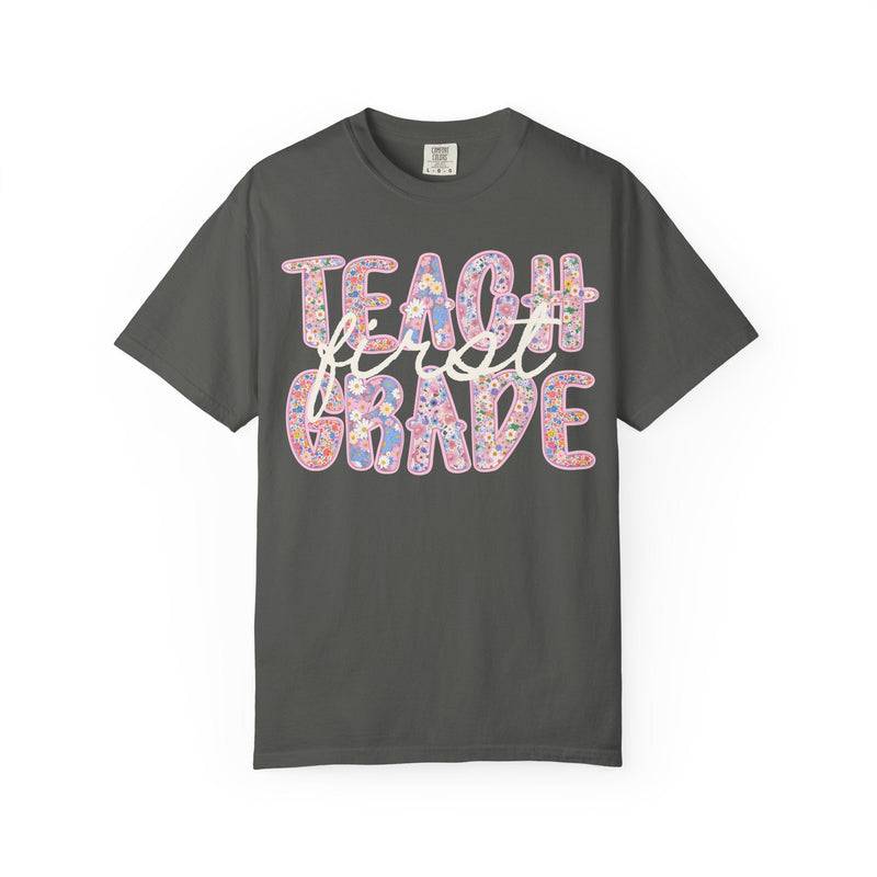First Grade Teacher Tee Shirt with Flowers, Cute 90s Aesthetic Back to School Teacher Team Shirt, Cozy Cottagecore Tee, First Day of School - Opal and June