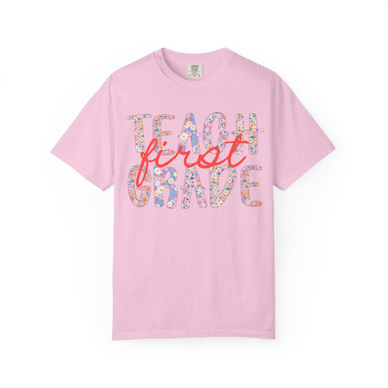 First Grade Teacher Tee Shirt with Flowers, Cute 90s Aesthetic Back to School Teacher Team Shirt, Cozy Cottagecore Tee, First Day of School - Opal and June
