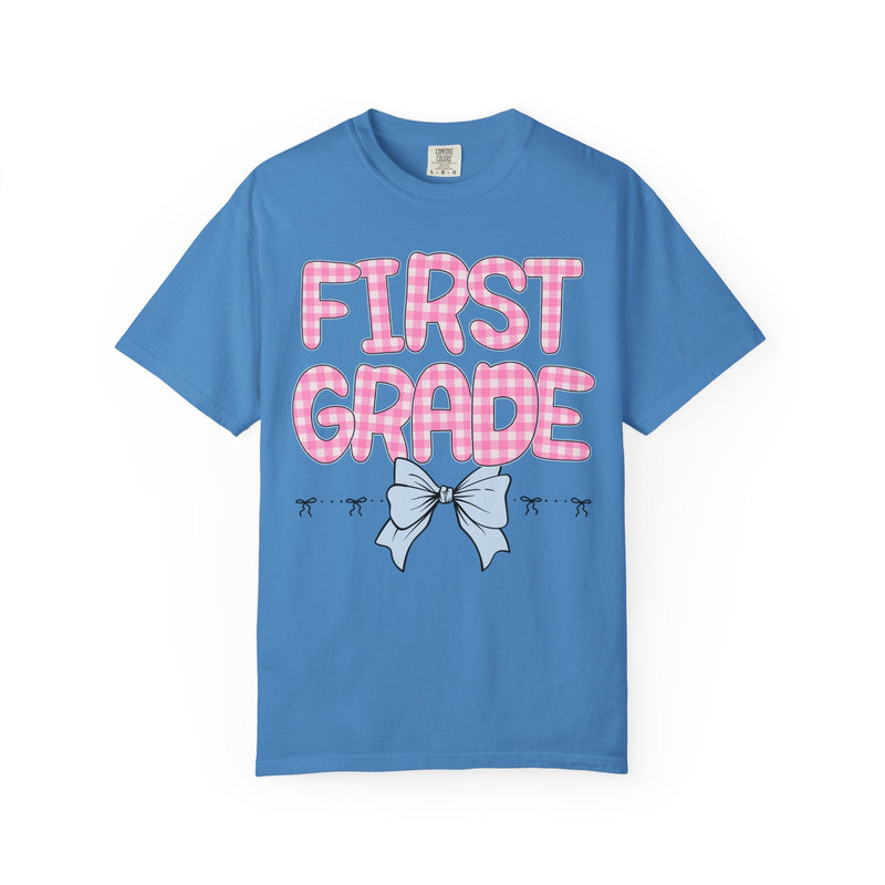 First Grade Teacher Tee Shirt with Pink Gingham Letters, First Day of School, Back to School Matching Teacher Tee with Bow, Soft Girl Style - Opal and June