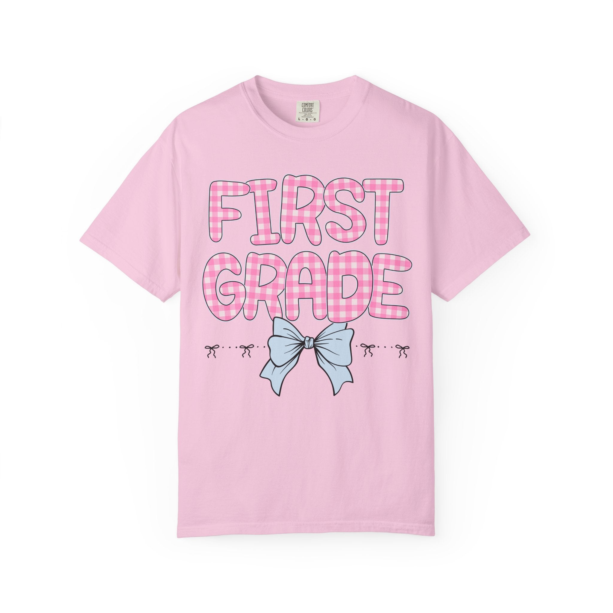 First Grade Teacher Tee Shirt with Pink Gingham Letters, First Day of School, Back to School Matching Teacher Tee with Bow, Soft Girl Style - Opal and June