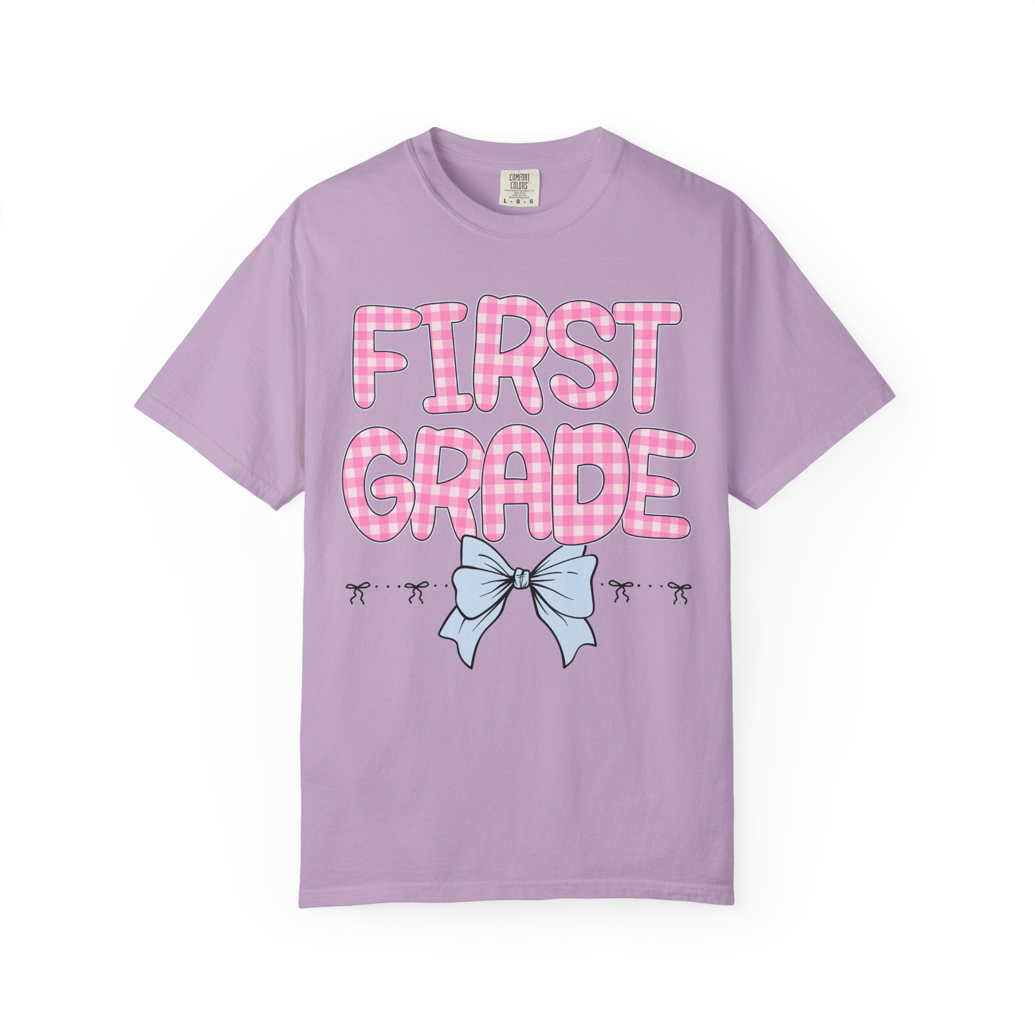 First Grade Teacher Tee Shirt with Pink Gingham Letters, First Day of School, Back to School Matching Teacher Tee with Bow, Soft Girl Style - Opal and June