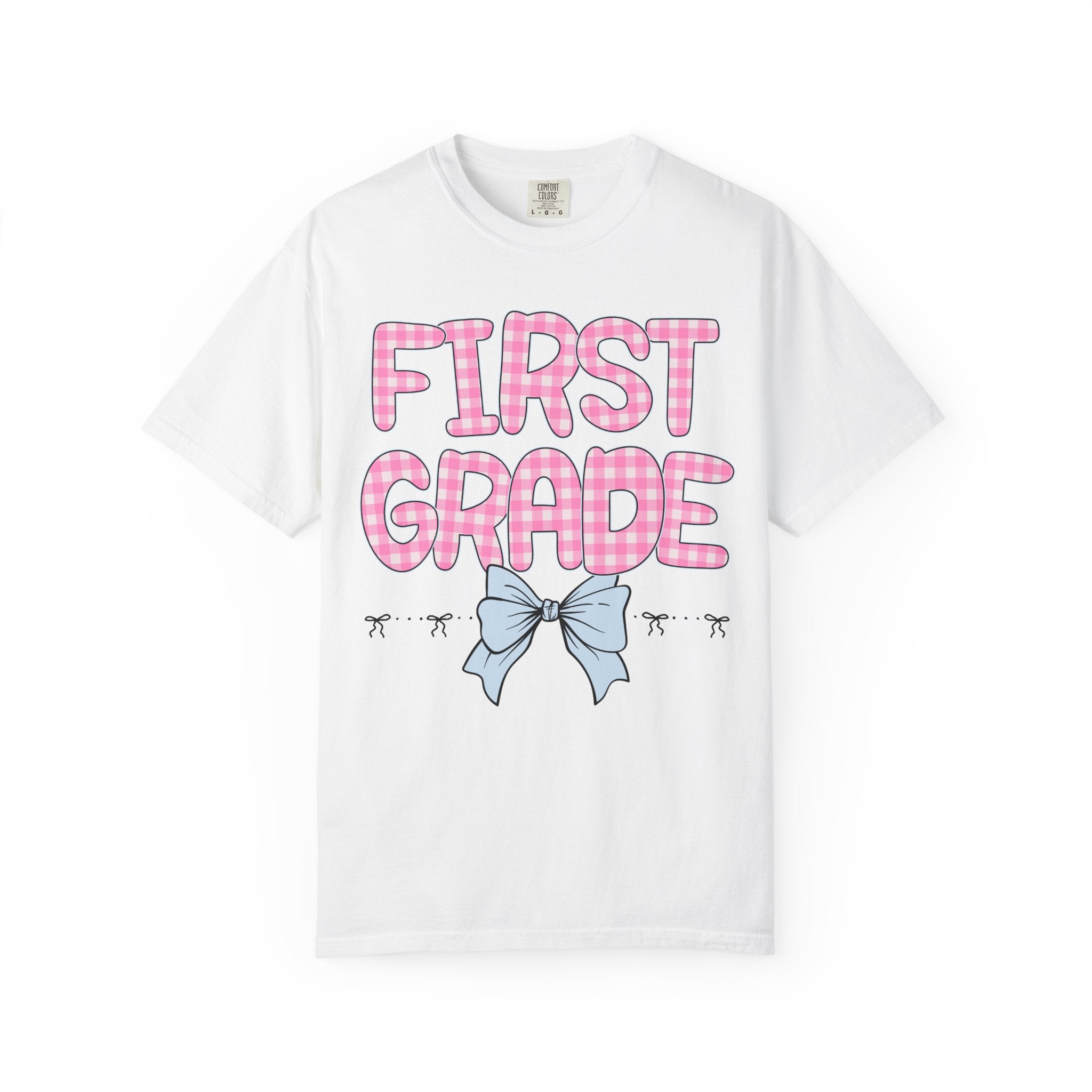 First Grade Teacher Tee Shirt with Pink Gingham Letters, First Day of School, Back to School Matching Teacher Tee with Bow, Soft Girl Style - Opal and June