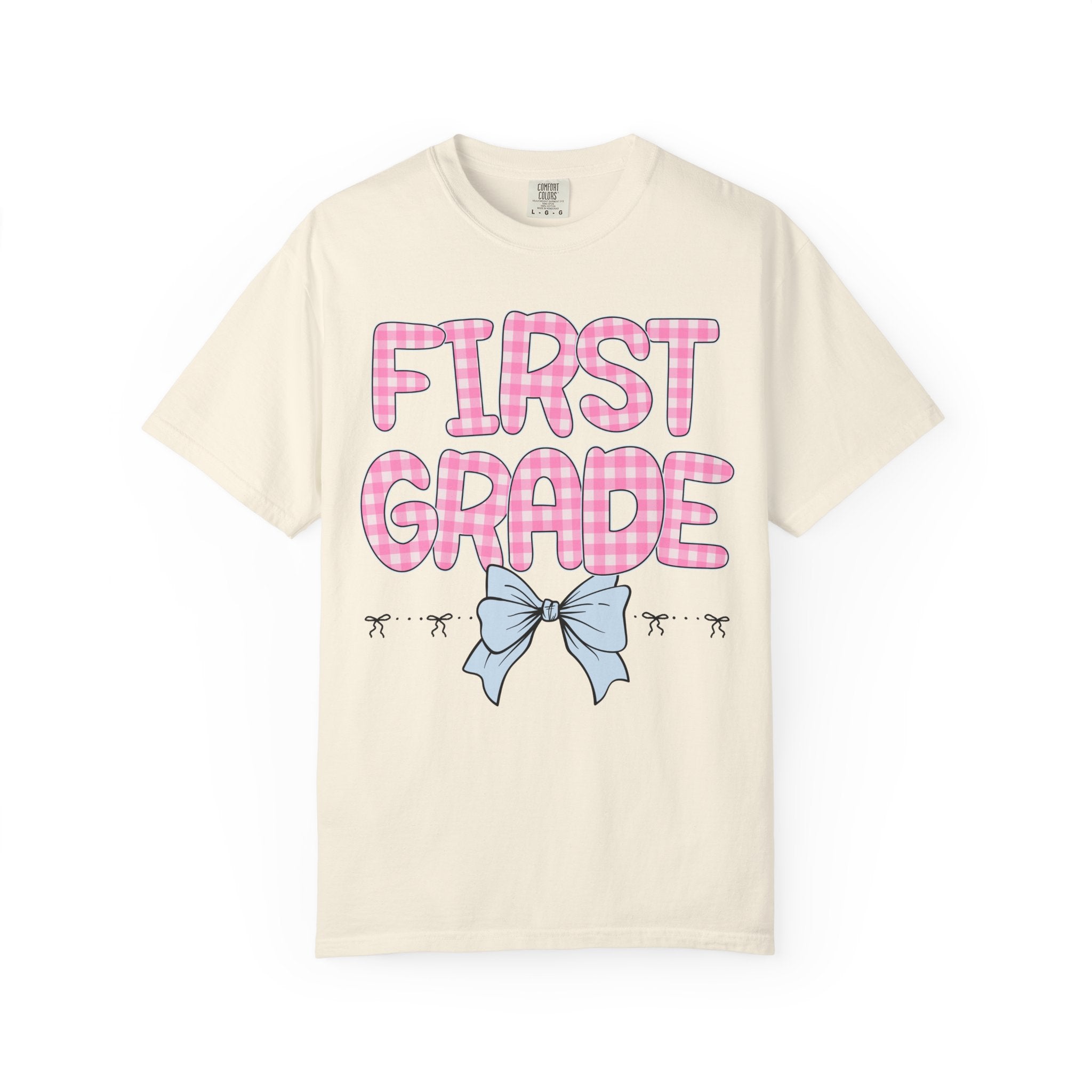 First Grade Teacher Tee Shirt with Pink Gingham Letters, First Day of School, Back to School Matching Teacher Tee with Bow, Soft Girl Style - Opal and June