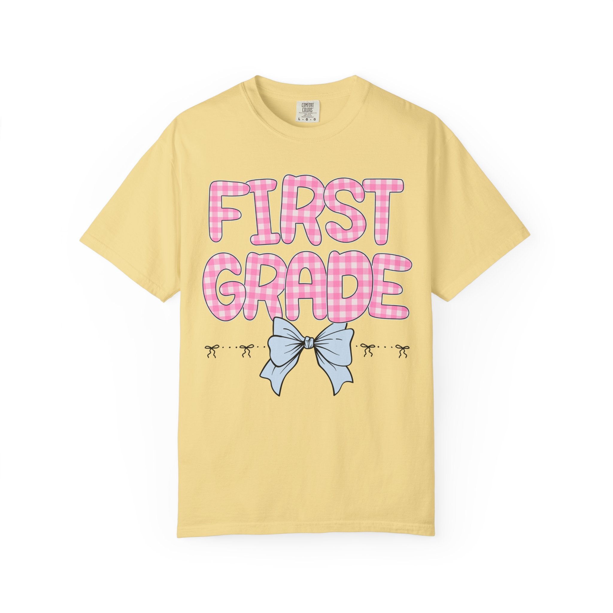 First Grade Teacher Tee Shirt with Pink Gingham Letters, First Day of School, Back to School Matching Teacher Tee with Bow, Soft Girl Style - Opal and June
