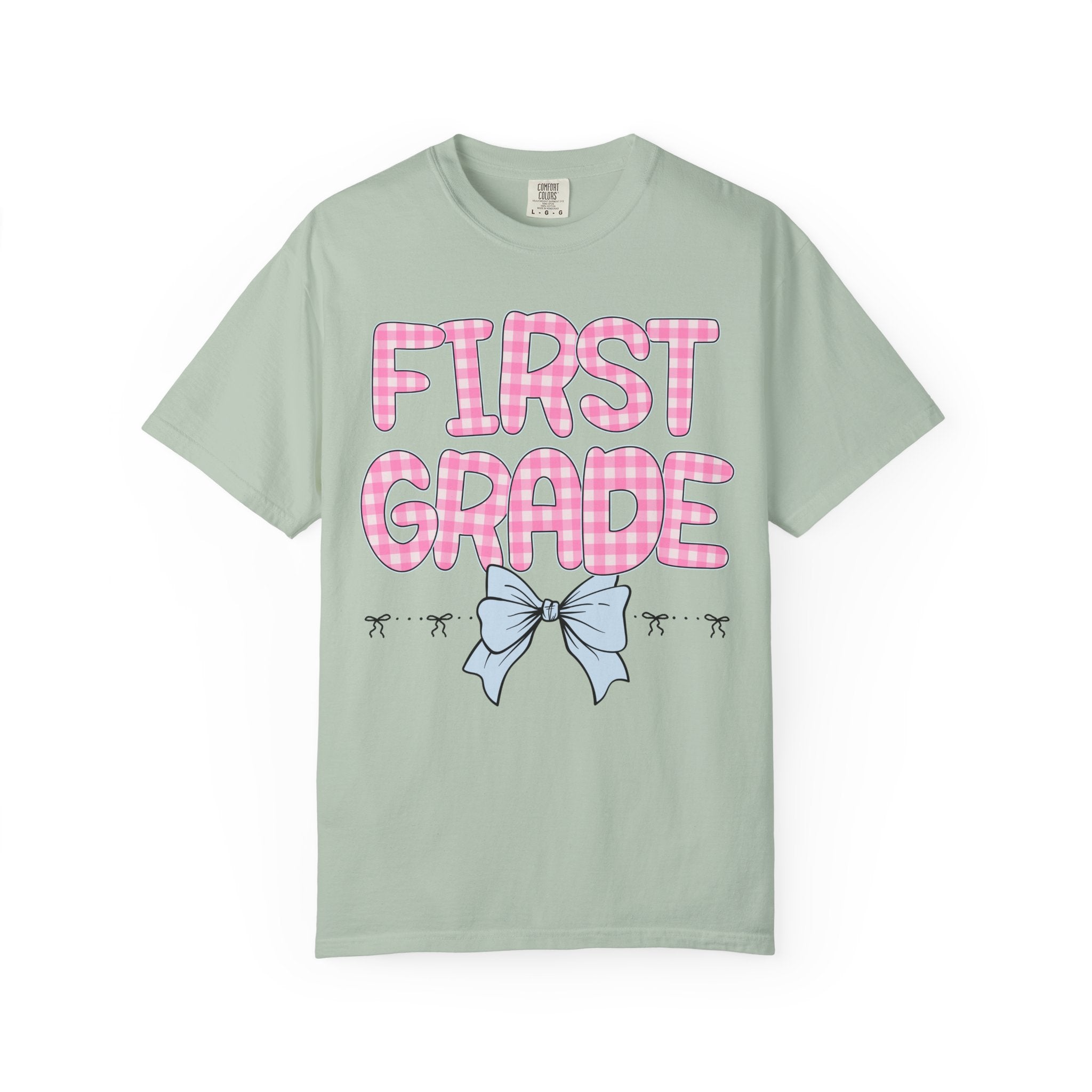 First Grade Teacher Tee Shirt with Pink Gingham Letters, First Day of School, Back to School Matching Teacher Tee with Bow, Soft Girl Style - Opal and June