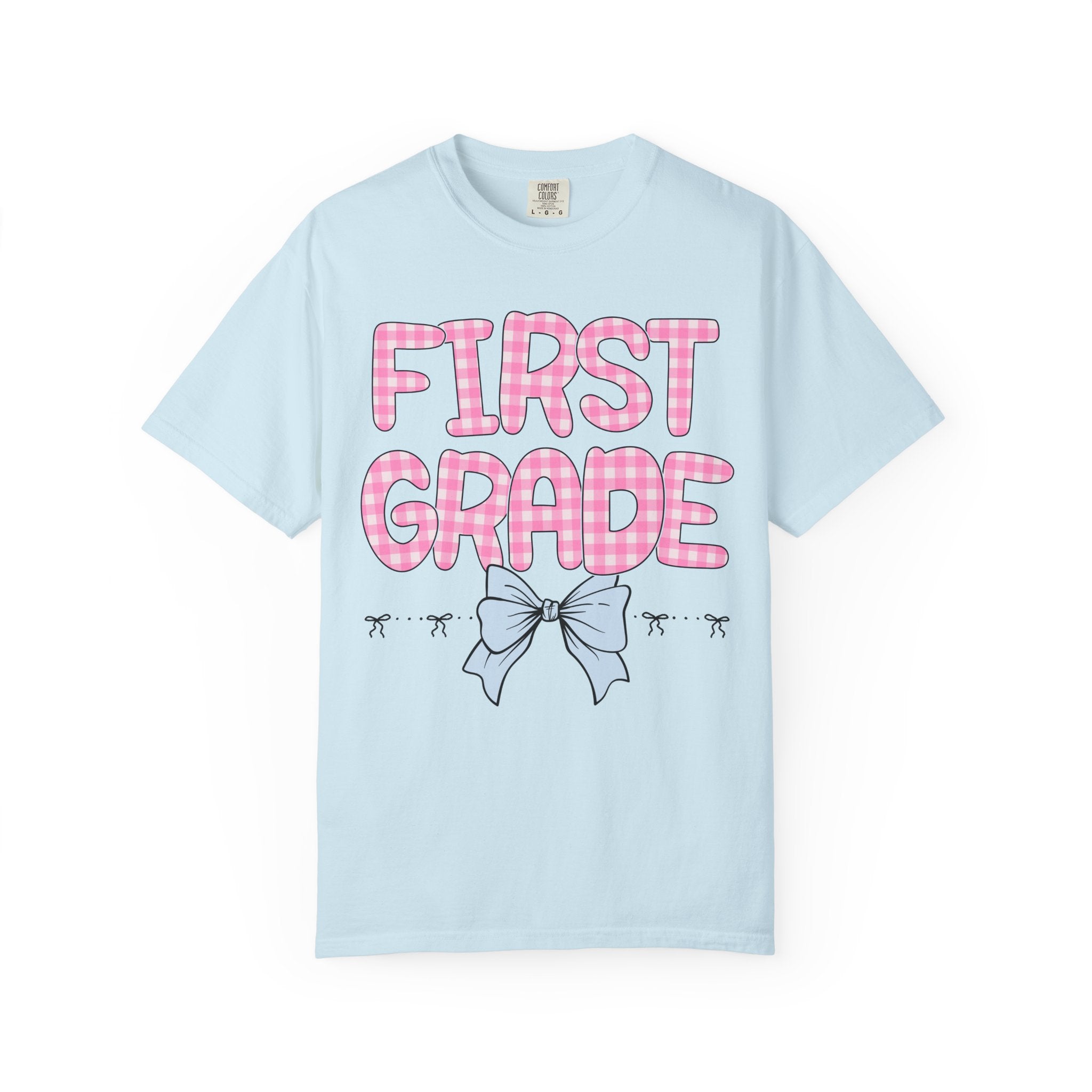 First Grade Teacher Tee Shirt with Pink Gingham Letters, First Day of School, Back to School Matching Teacher Tee with Bow, Soft Girl Style - Opal and June