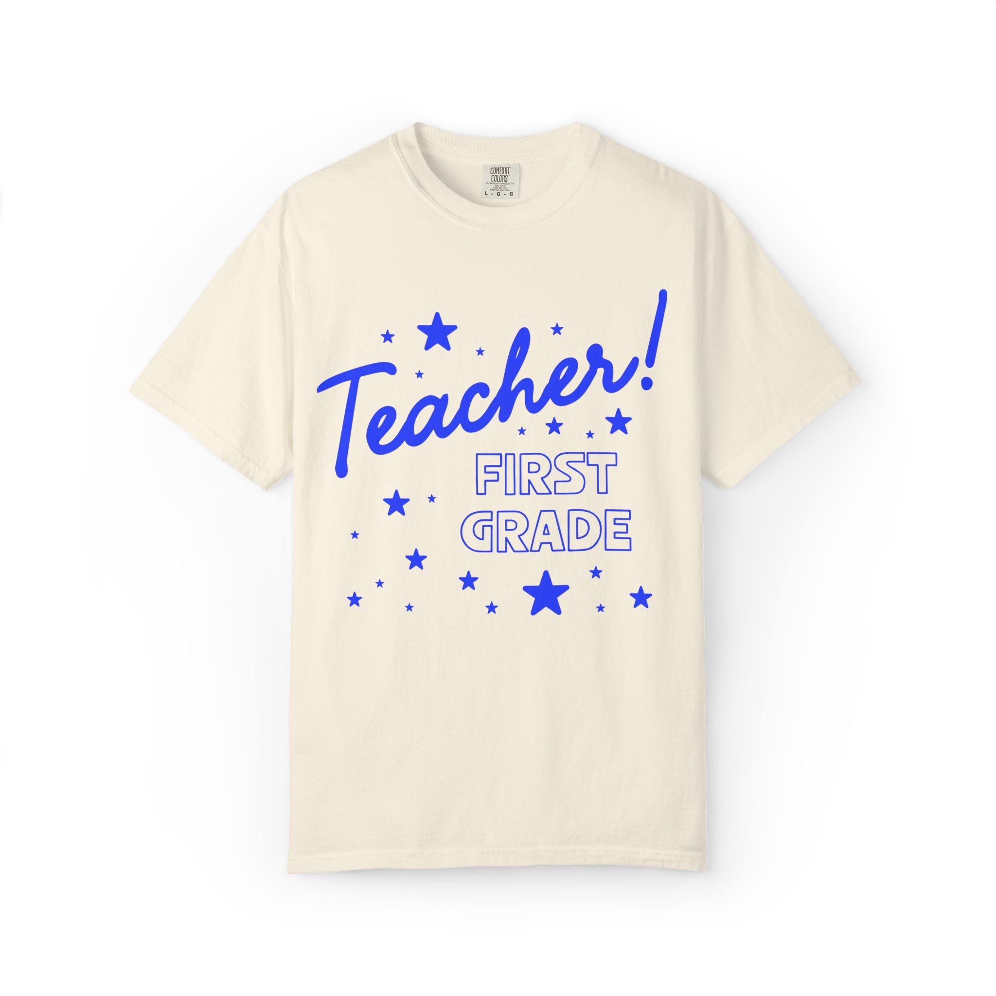 First Grade Teacher Tee Shirt with Stars: Cute Matching Teacher T-Shirt for Back to School or Meet the Teacher Night, First Grade Crew - Opal and June