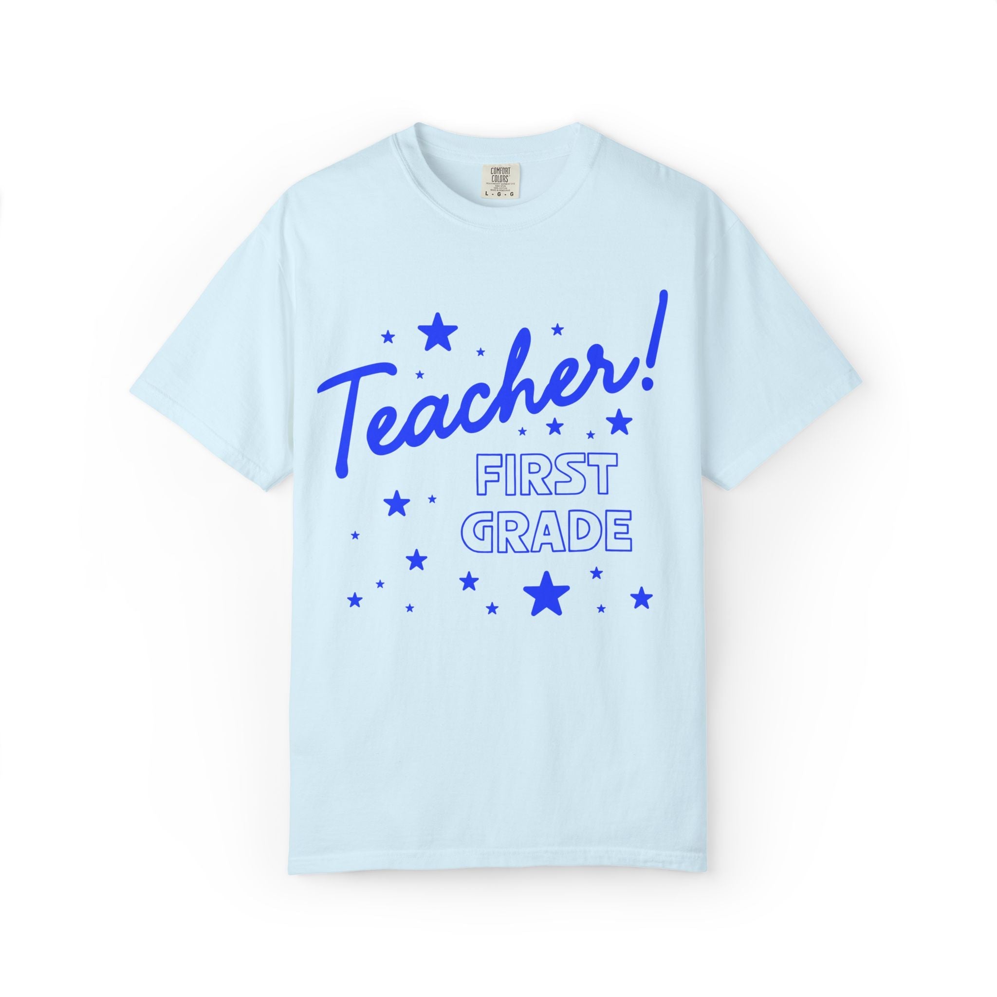 First Grade Teacher Tee Shirt with Stars: Cute Matching Teacher T-Shirt for Back to School or Meet the Teacher Night, First Grade Crew - Opal and June