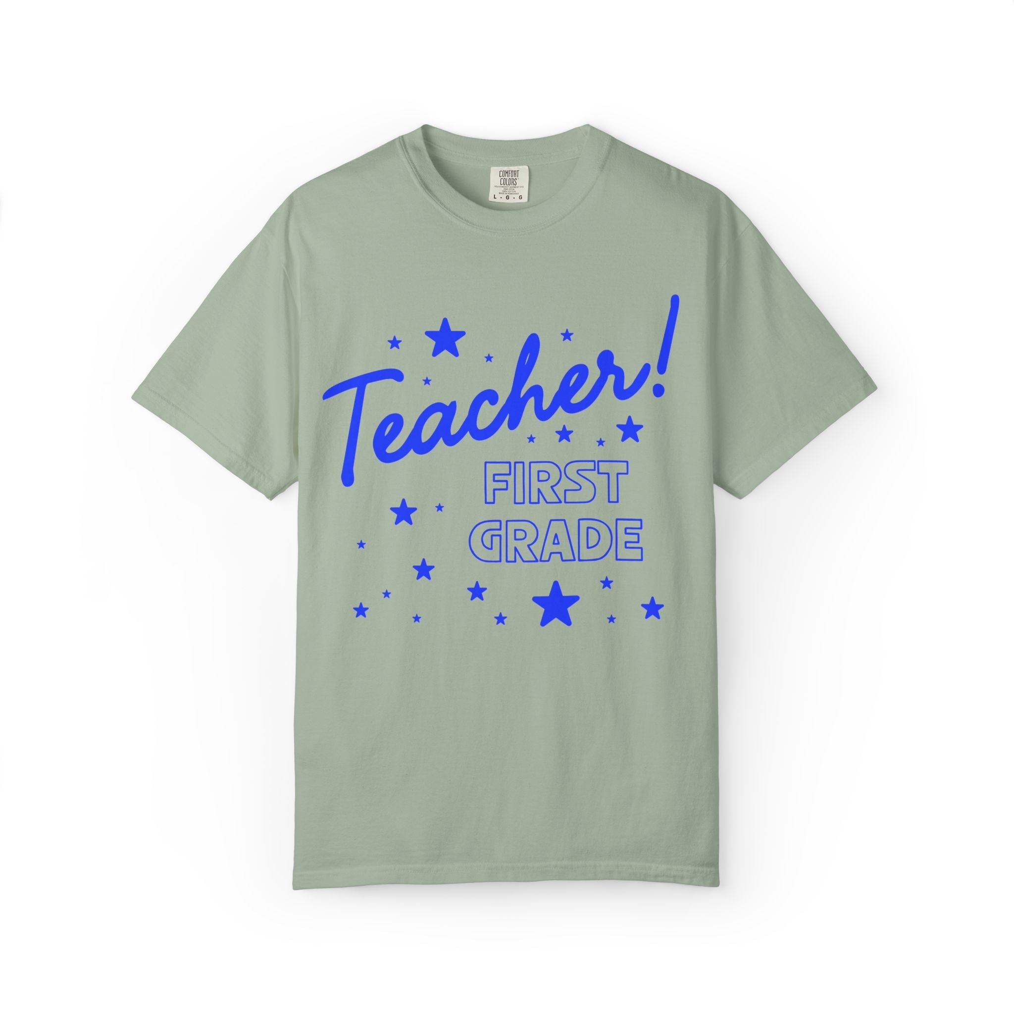 First Grade Teacher Tee Shirt with Stars: Cute Matching Teacher T-Shirt for Back to School or Meet the Teacher Night, First Grade Crew - Opal and June